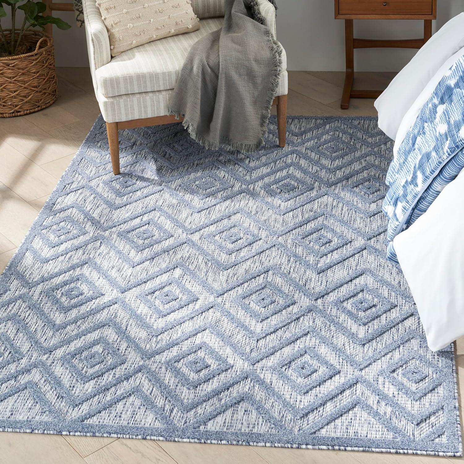 Nourison Versatile Diamond Geometric Flatweave Indoor Outdoor Area Rug Denim Blue 6' x 9'