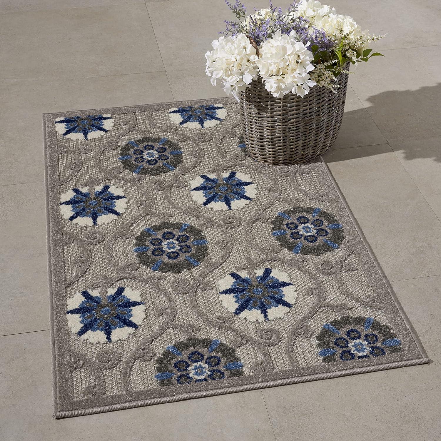 Nourison Aloha Contemporary Floral Flatweave High-Low Indoor Outdoor Area Rug Grey/Blue 2'8" x 4'