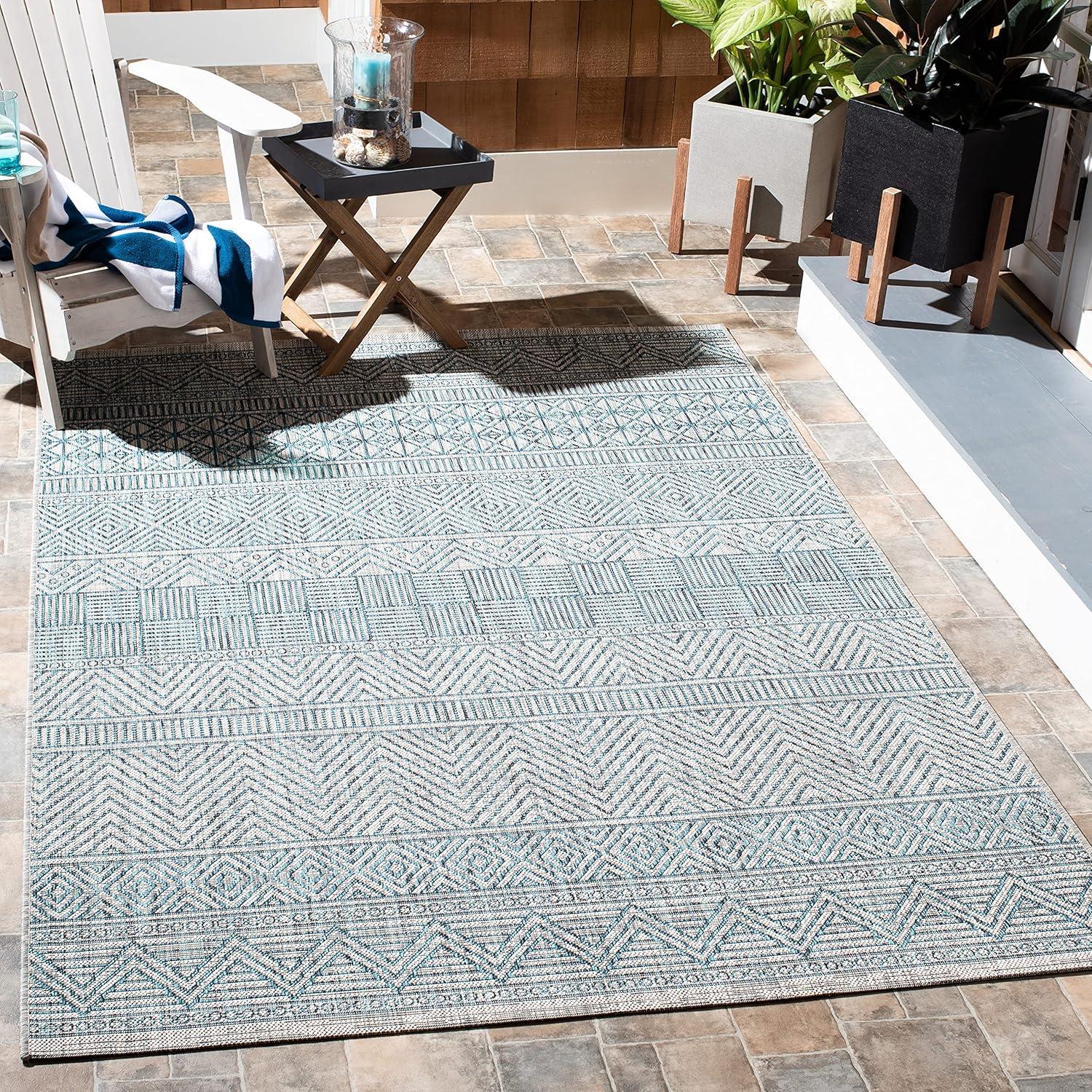 Grey and Teal 9' x 12' Synthetic Geometric Area Rug