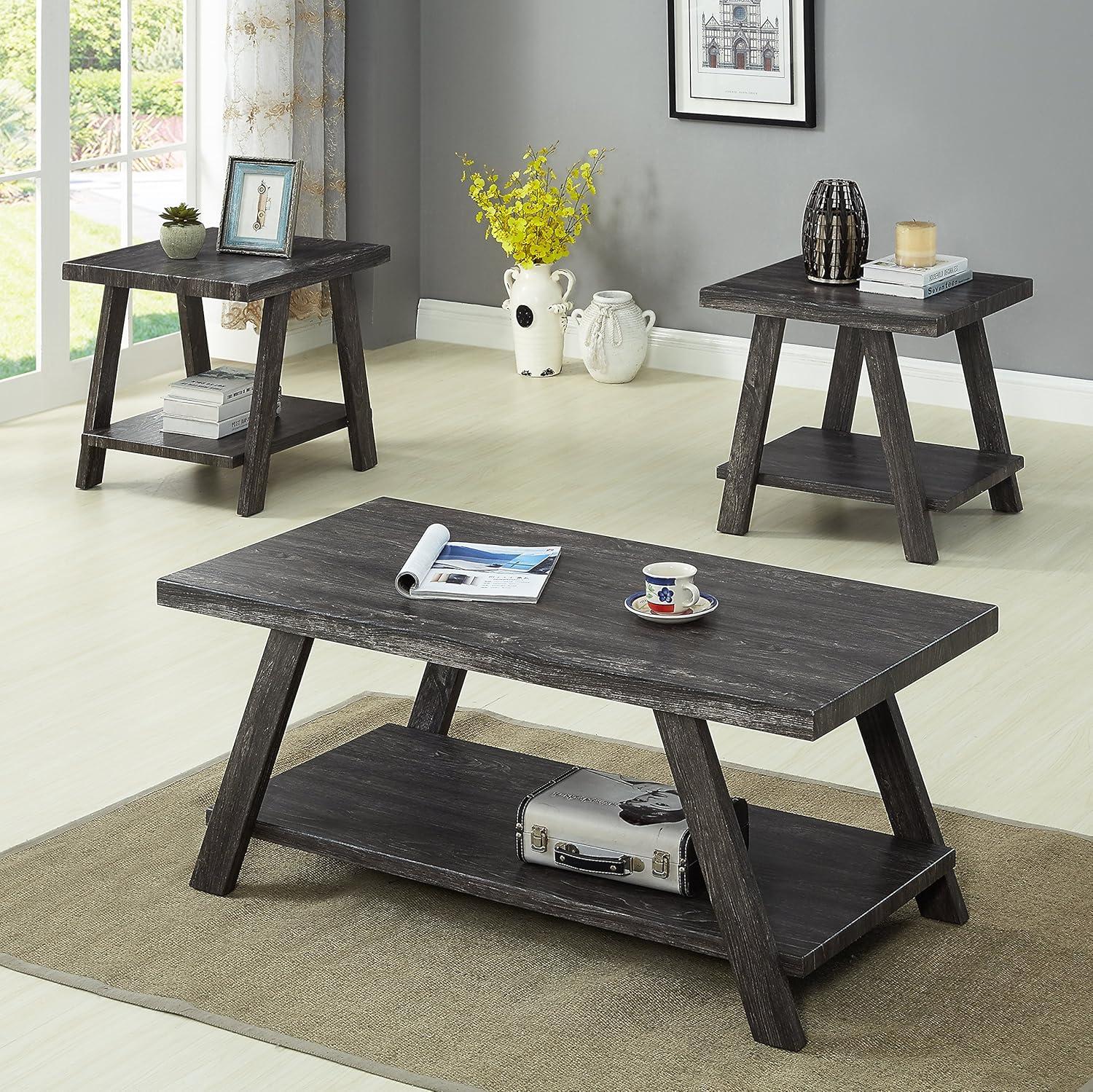 Athens 3-Piece Contemporary Wood Shelf Coffee Table Set