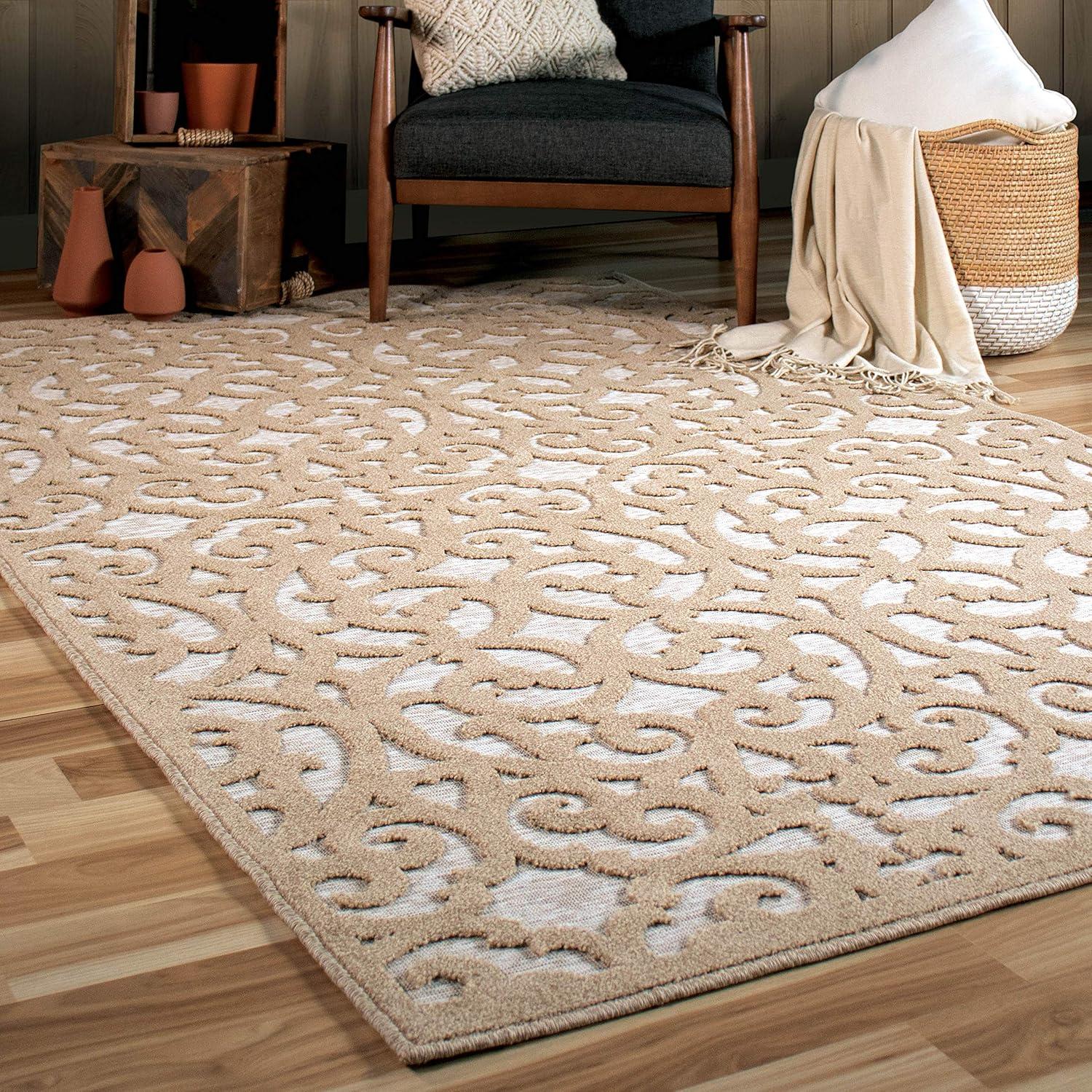 Orian Boucle Seaborn 5'2" X 7'6" Driftwood Damask High Low Outdoor Rug