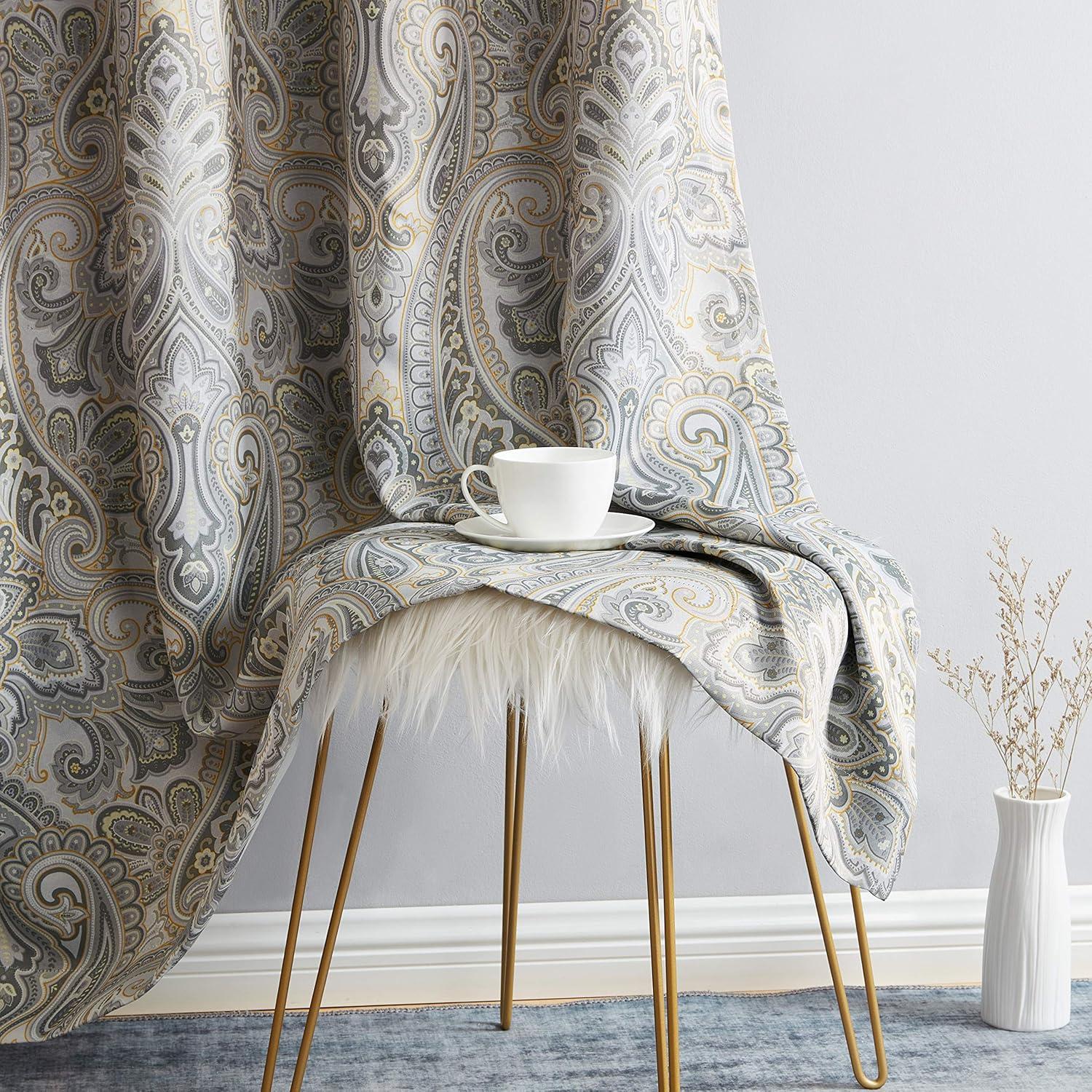 HLC.ME Paris Paisley Decorative Print Damask Pattern Light Reducing Grommet Window Curtain Panels for Bedroom, Set of 2 - Grey, 50 W x 96 L