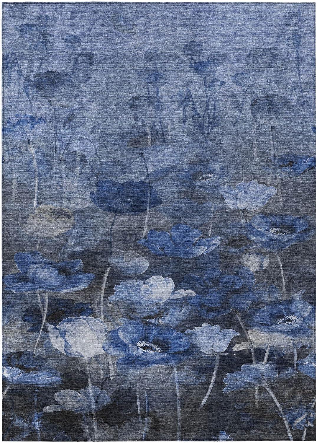 Blue Floral Machine-Washable Non-Slip 3' x 5' Area Rug