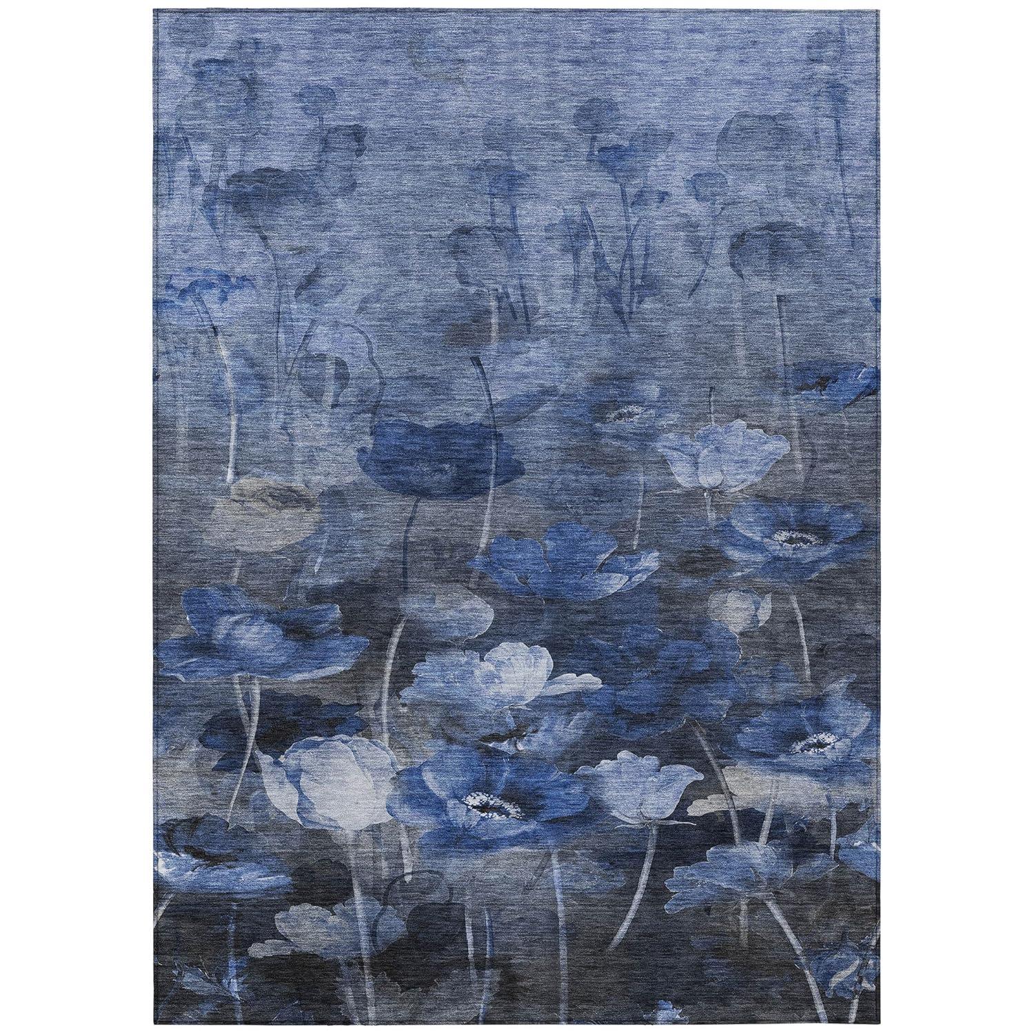 Blue Floral Machine-Washable Non-Slip 3' x 5' Area Rug