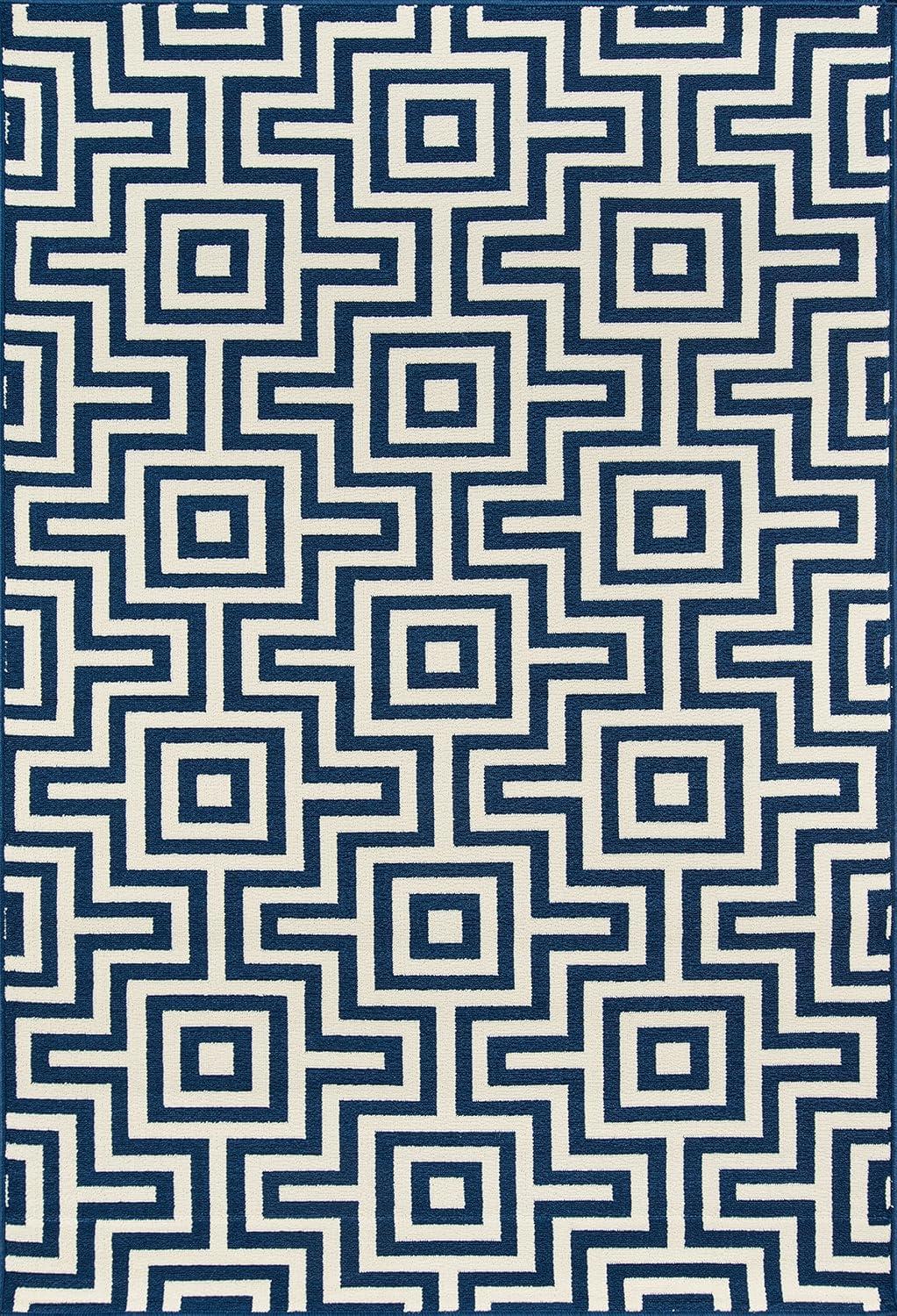 Navy and White Geometric Synthetic Indoor/Outdoor Rug