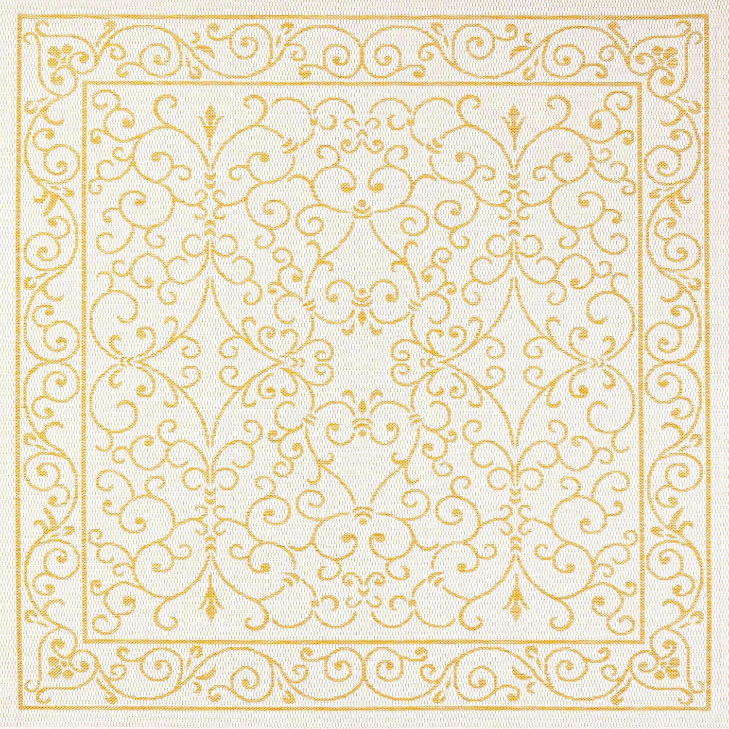 5' x 5' Charleston Vintage Filigree Textured Weave Indoor/Outdoor Area Rug, Cream/Yellow - JONATHAN Y
