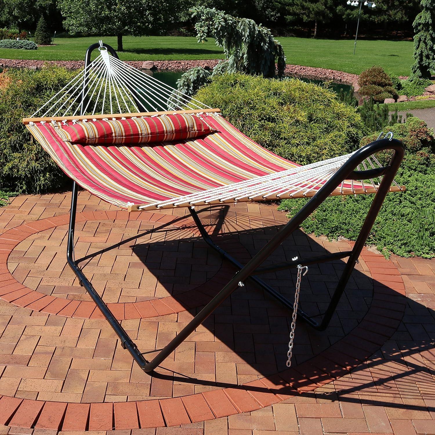 Sunnydaze Double Quilted Fabric Hammock with Universal Steel Stand - 450-Pound Capacity - Red Stripes