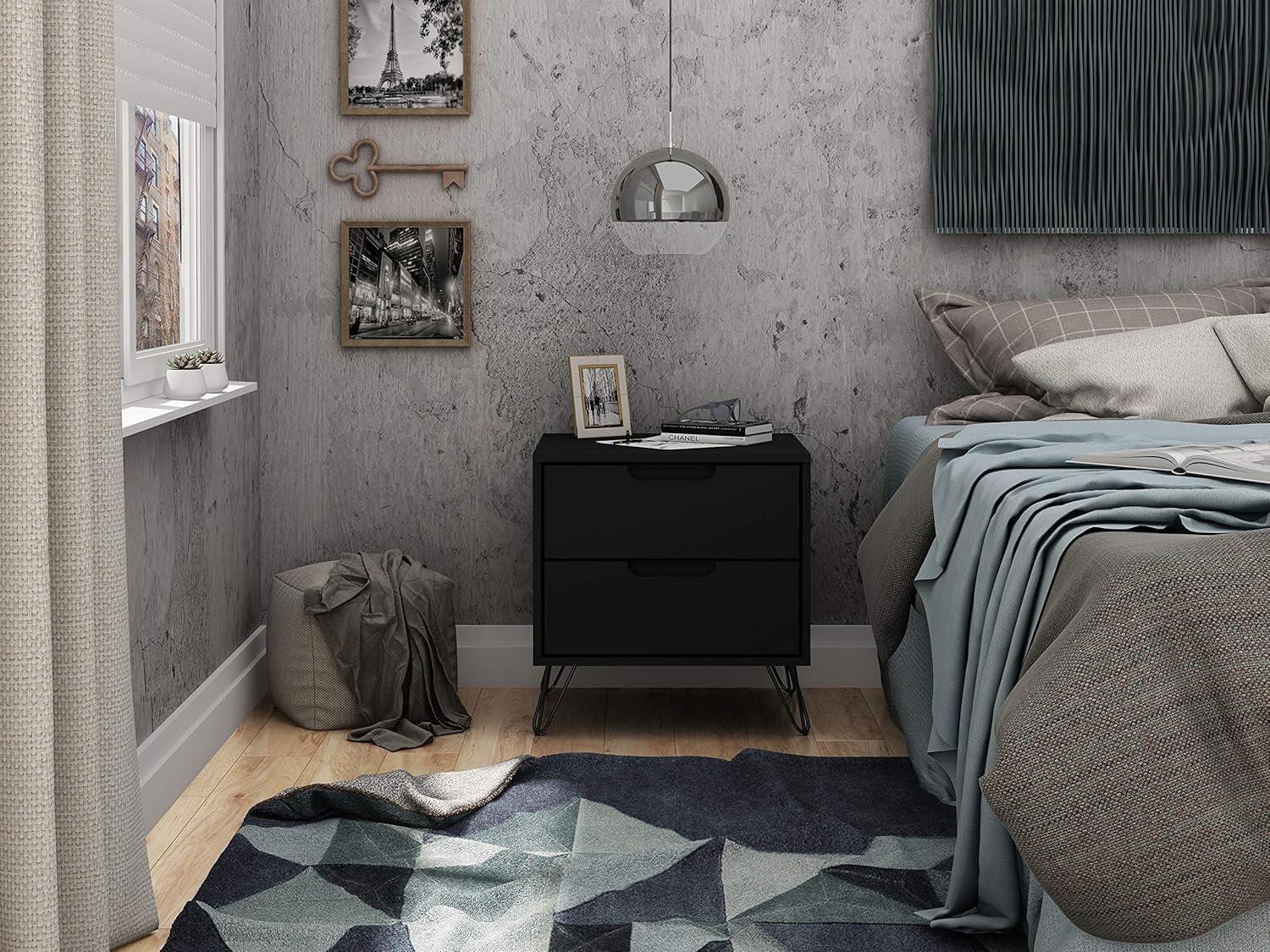 2.0 Rockefeller Nightstand Black - Manhattan Comfort: Modern Bedside Table with Metal Legs & Storage