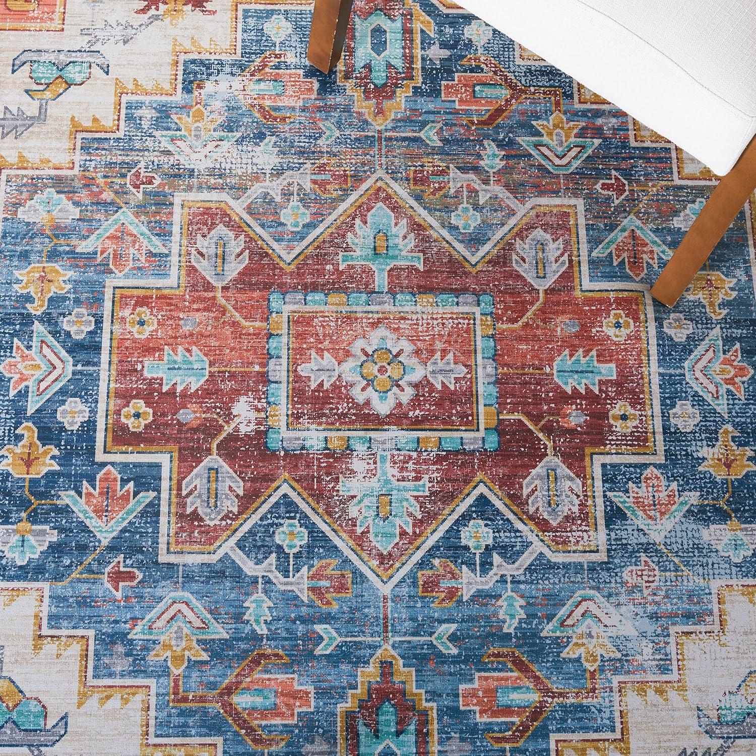 Tucson TSN116 Power Loomed Machine Washable Area Rug - Blue/Rust - 6'x6' - Safavieh.