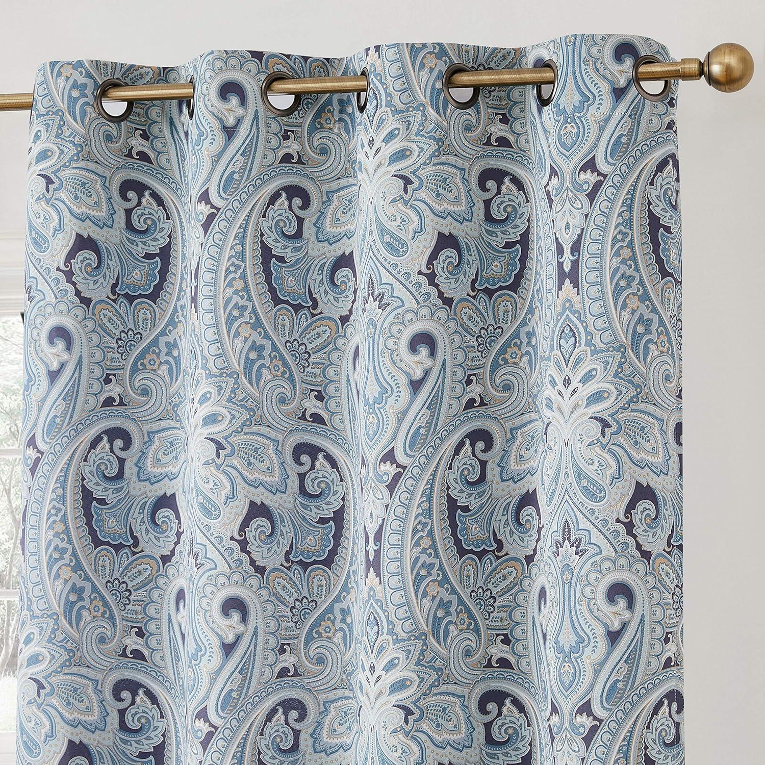 THD France Paisley Print Damask Energy Efficient Room Darkening Grommet Window Curtain Panels - Pair
