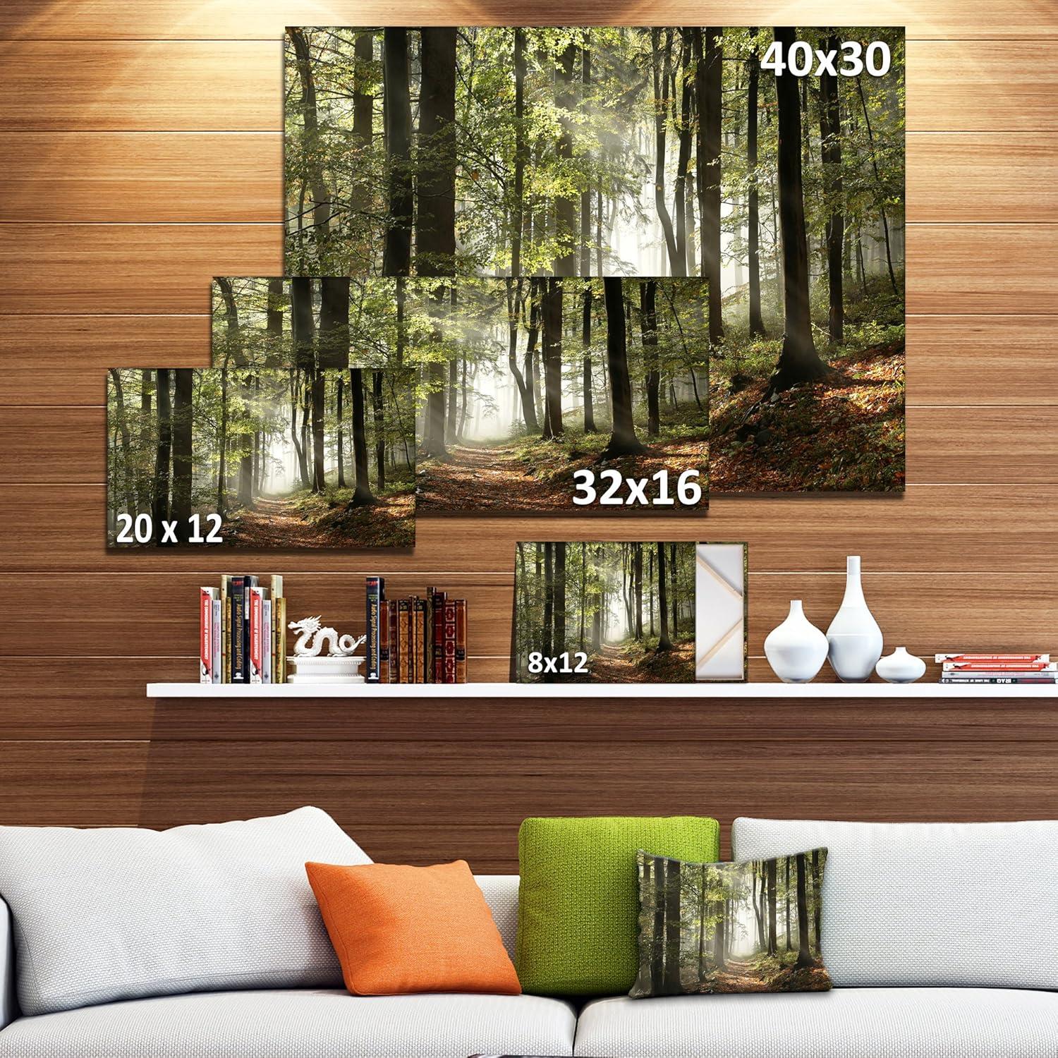 Designart 'Green Fall Forest with Sun Rays ' Landscape Photography Canvas Print