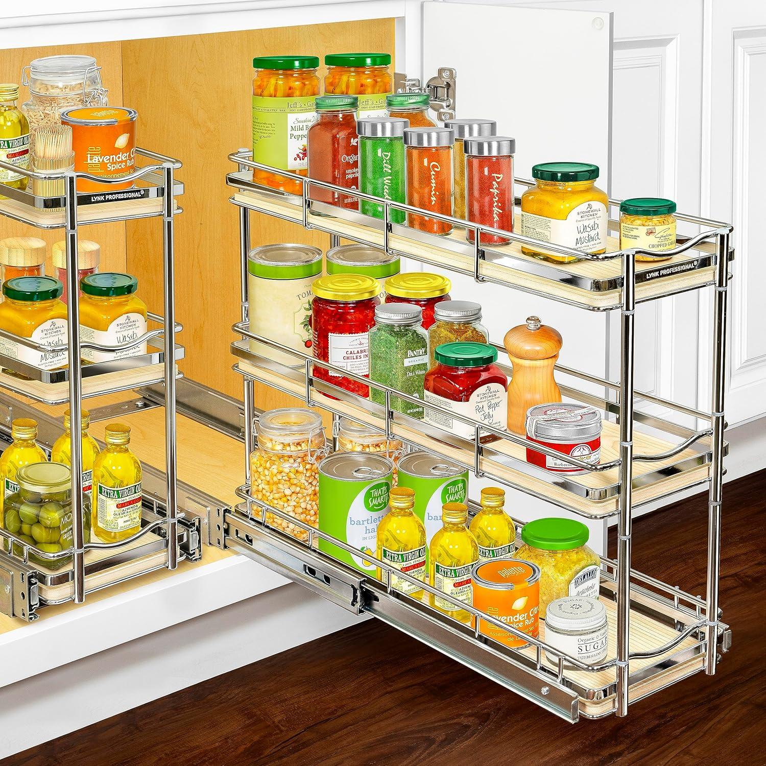 LYNK PROFESSIONAL® Elite™ Pull Out Cabinet Organizer - 6”x21” - Sliding Spice, Bottle Storage - Narrow Slide Out Drawers for Kitchen Cabinets, Roll Out Shelves - Lifetime Ltd Warranty, Wood and Chrome