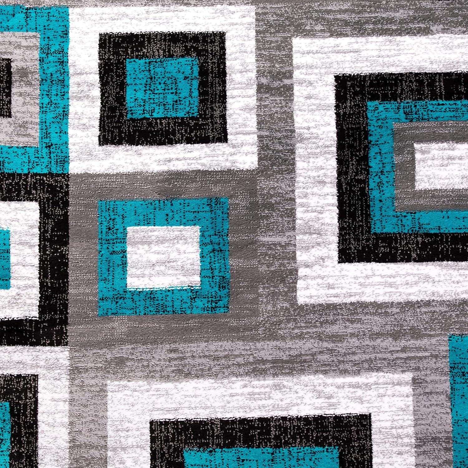 Gideon Collection Geometric 8' x 8' Turquoise, Grey, and White Round Olefin Area Rug with Cotton Backing, Living Room, Bedroom