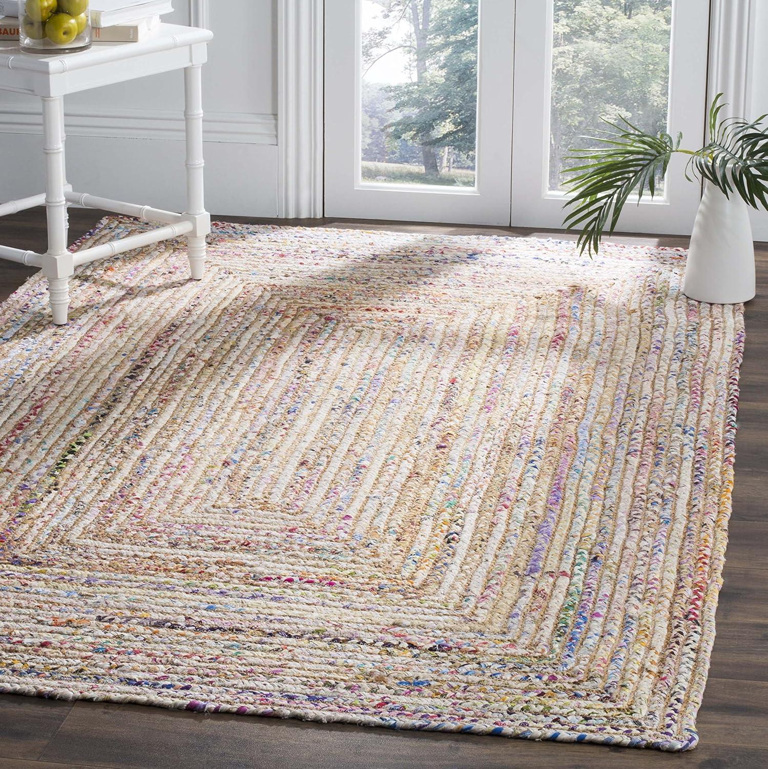 Handmade Green and Natural Braided Jute Cotton Square Rug