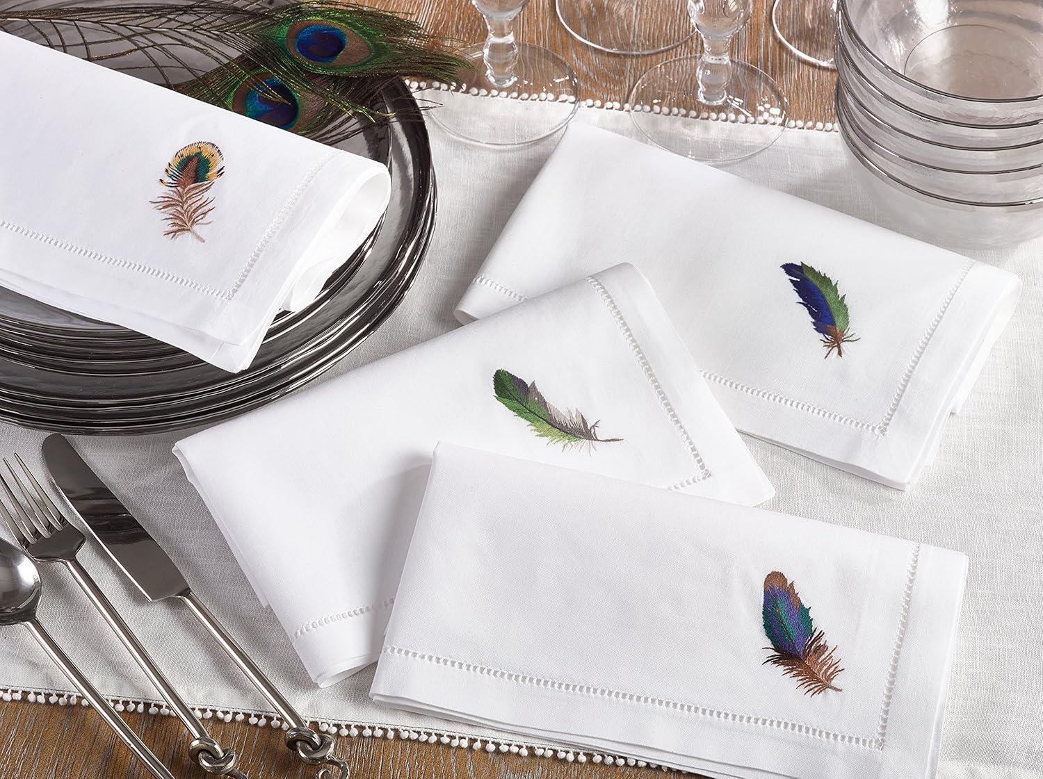 Saro Lifestyle Embroidered Blue Feather Design Hemstitched Trim Border Cotton Napkin (Set of 6), 20"x20", White