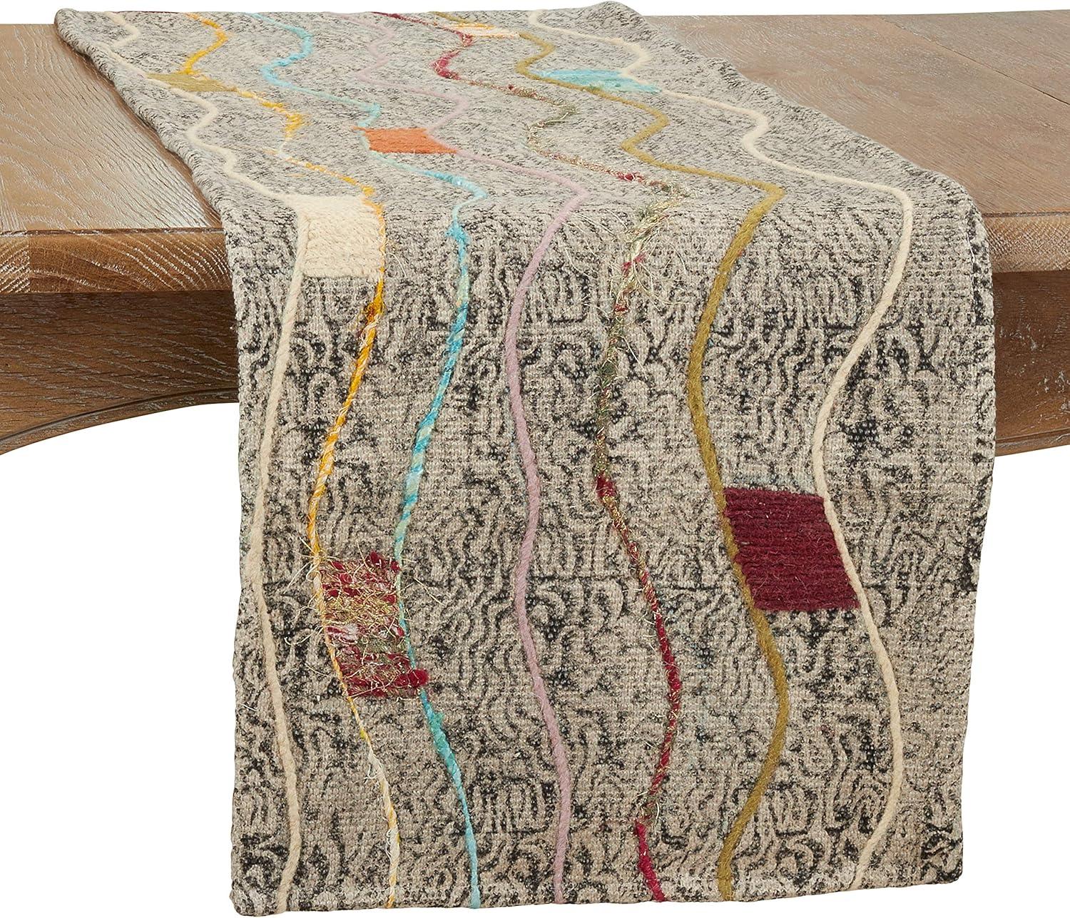 Gray Abstract Embroidered Cotton Table Runner, 16" x 72"