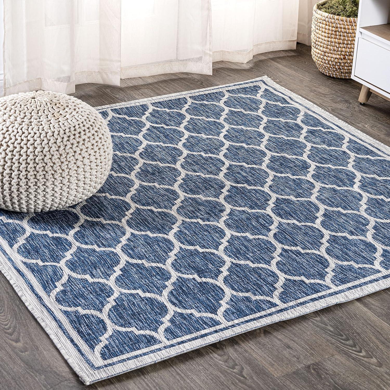5' Square Trebol Moroccan Trellis Textured Weave Indoor/Outdoor Area Rug, Navy/Gray - JONATHAN Y
