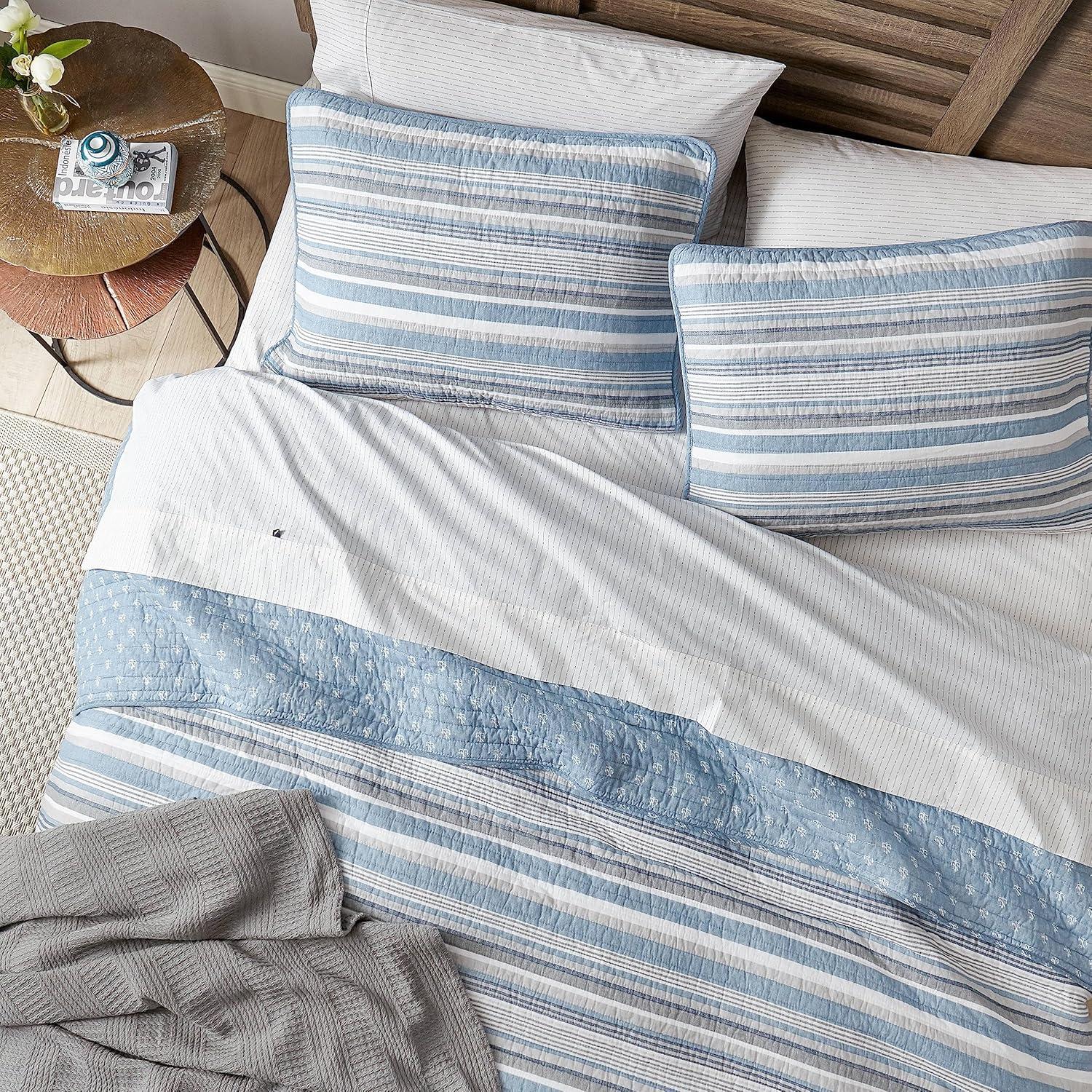 Nautical Twin White and Blue Cotton Reversible Quilt Set