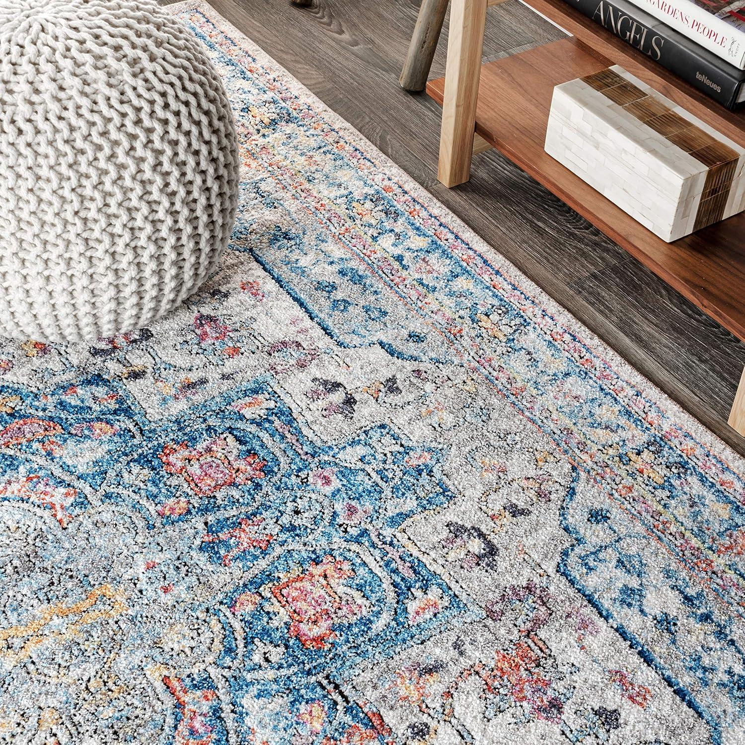 Ivory and Blue Rectangular Medallion Synthetic Area Rug