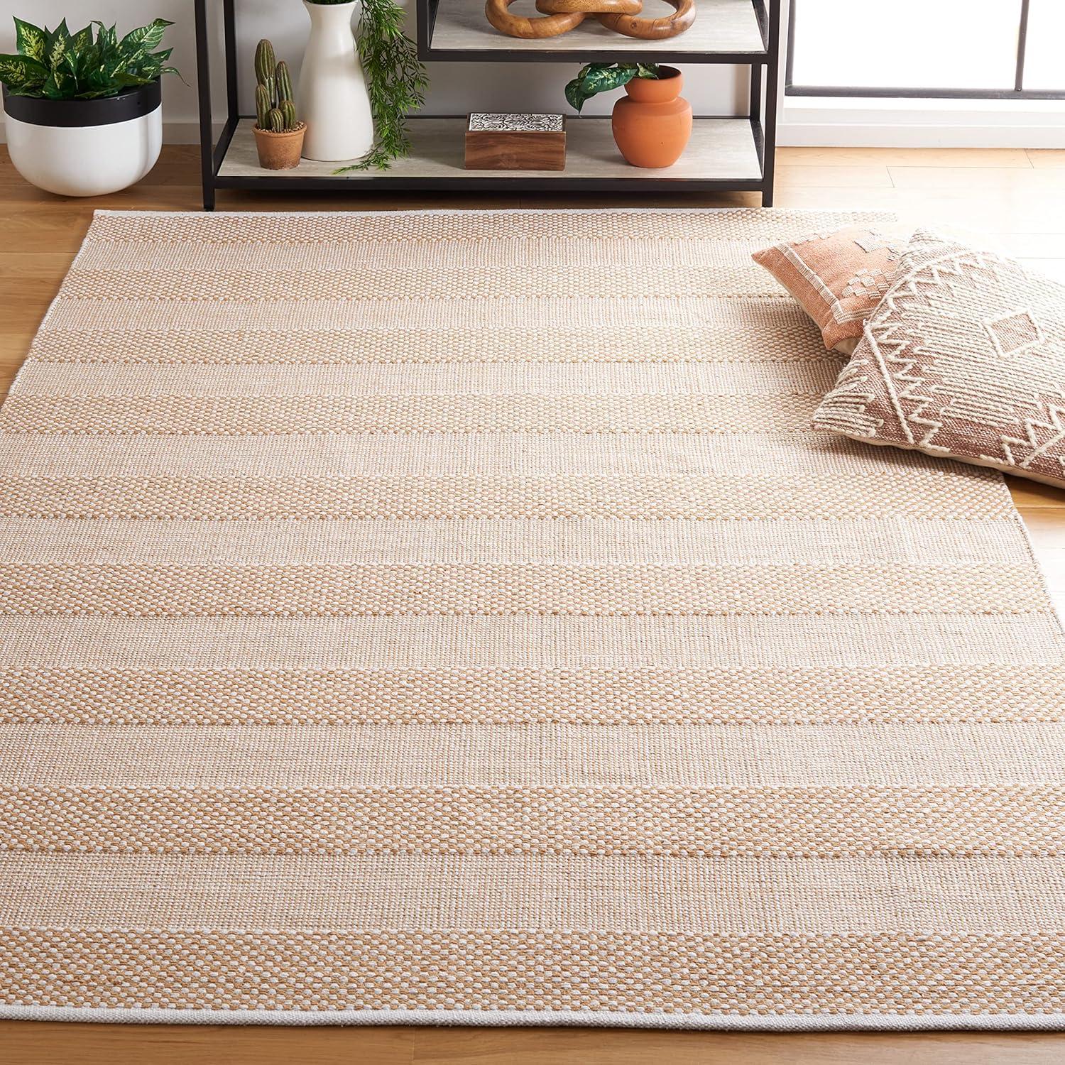 Ivory and Gold Striped Kilim 5' x 8' Wool Cotton Area Rug