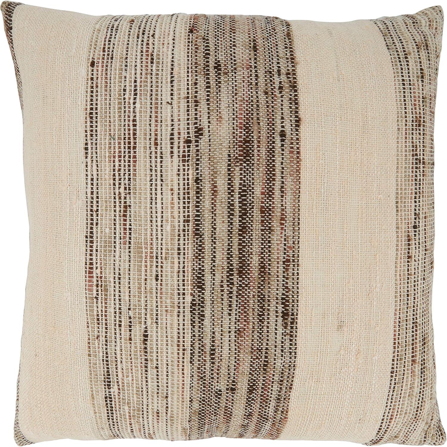 Beige and Brown Banded Cotton Square Throw Pillow with Down Filling