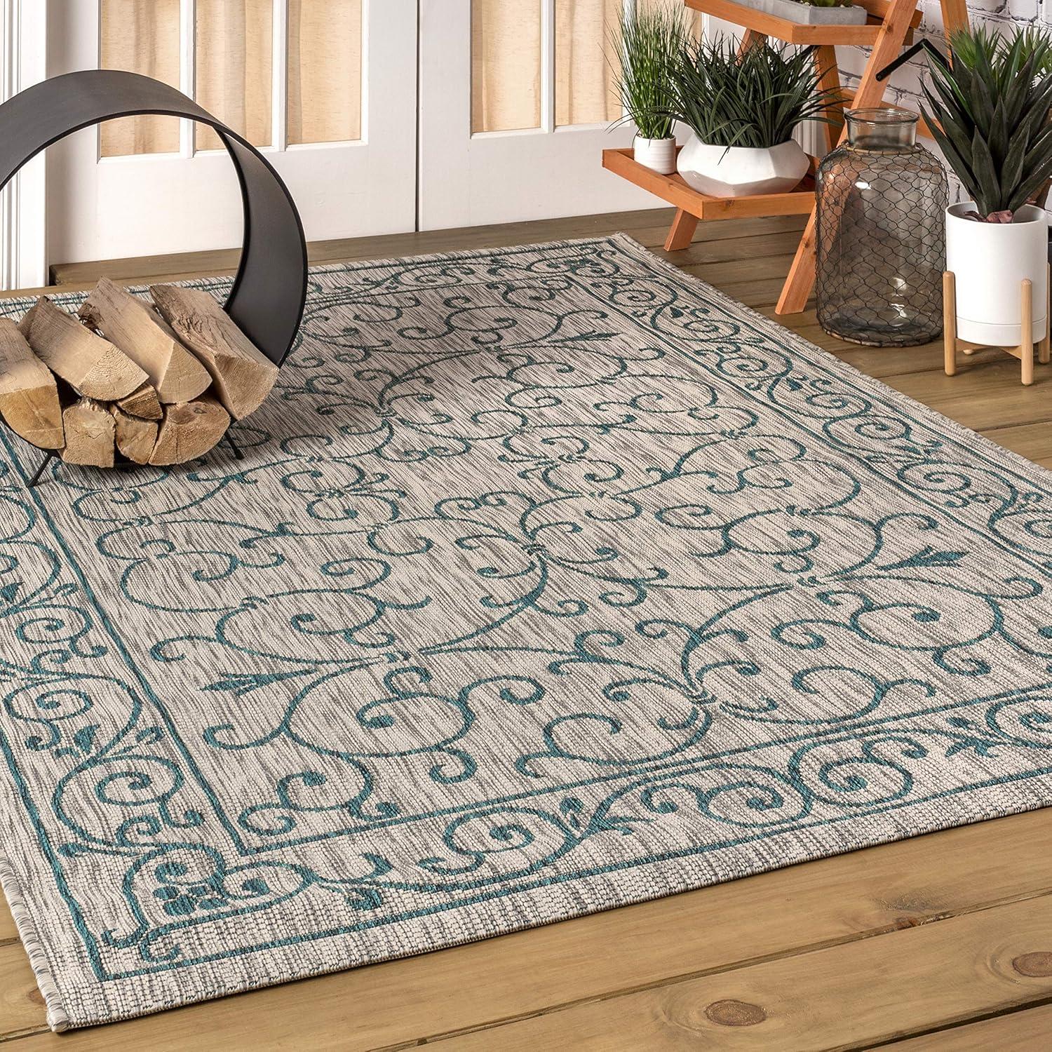 5'x8' Charleston Vintage Filigree Textured Weave Indoor/Outdoor Area Rug, Gray/Teal - JONATHAN Y