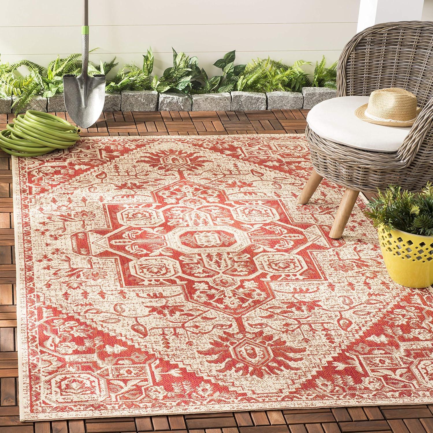 Red and Cream Synthetic Medallion Square Area Rug, 4'x4'