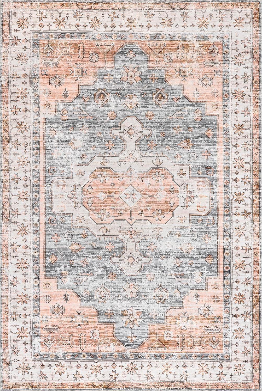 Light Orange and Gray 4' x 6' Washable Oriental Rug