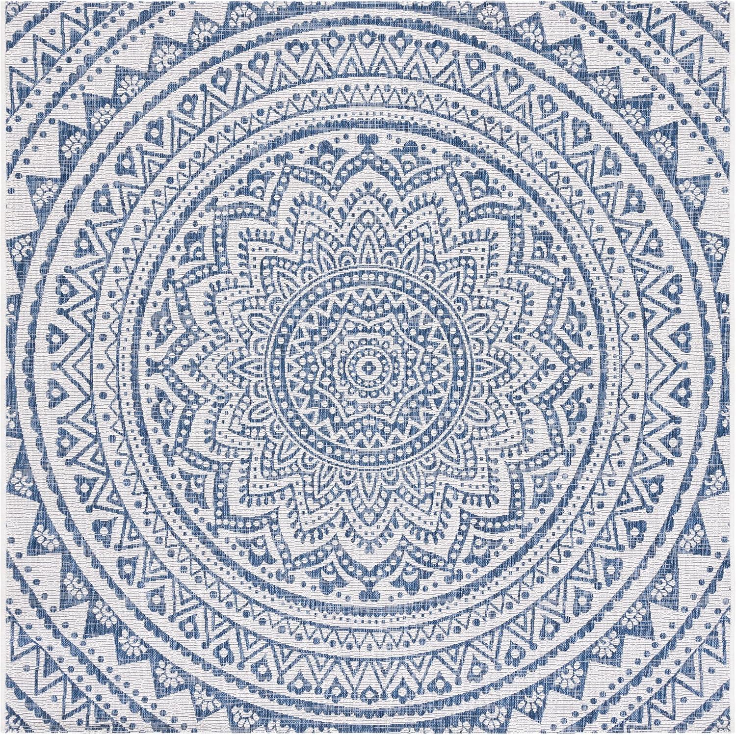 SAFAVIEH Courtyard Josiah Geometric Indoor/Outdoor Area Rug, Ivory/Navy, 6'7" x 6'7" Square