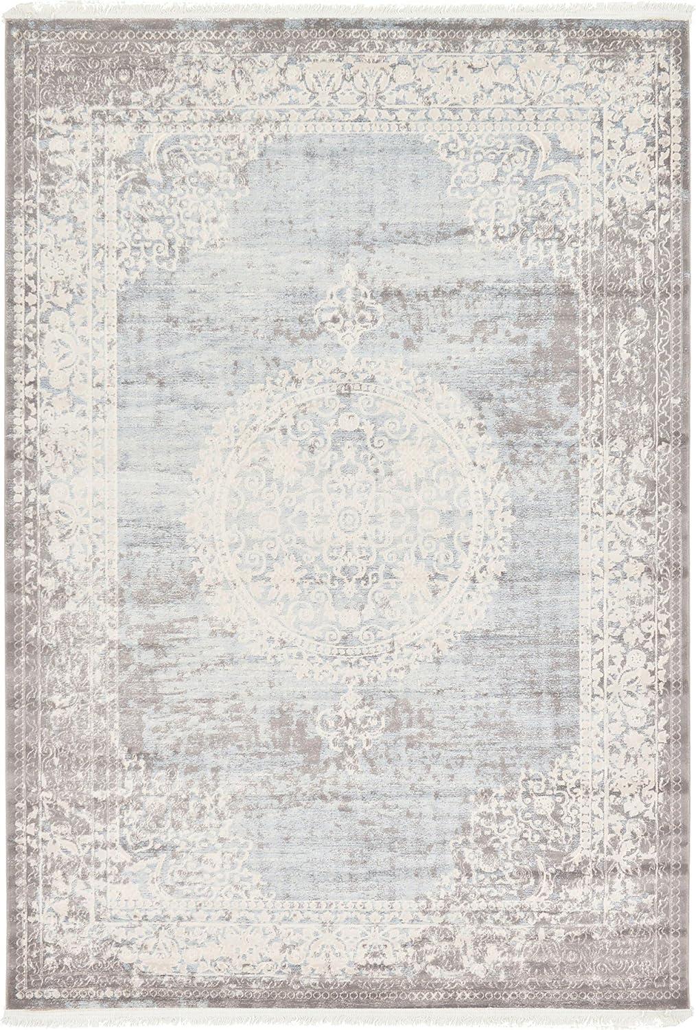 Abstract Light Blue Synthetic Rectangular Easy-Care Rug