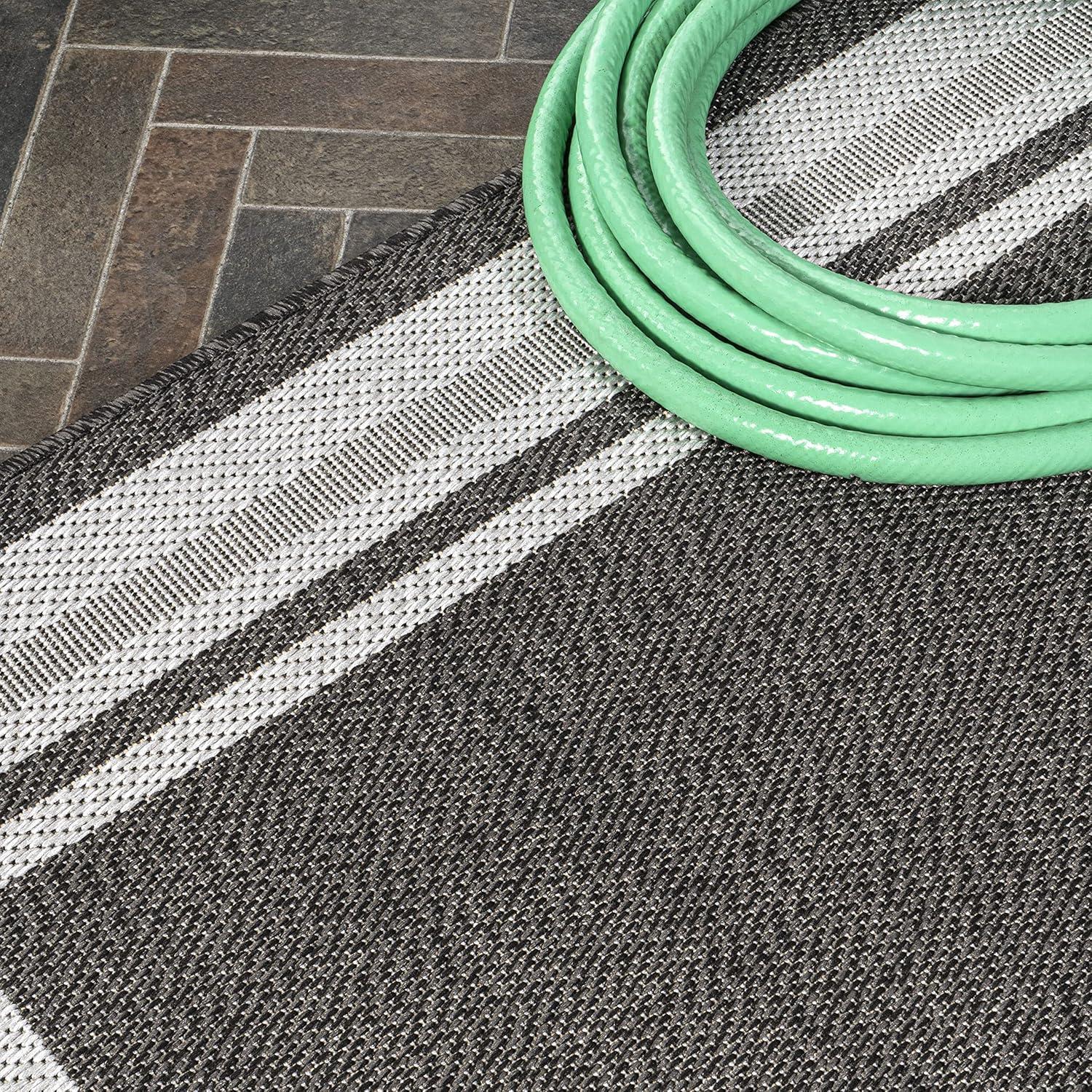 8' x 10' James Modern Border Stripe Indoor/Outdoor Area Rug, Black/Cream - JONATHAN Y