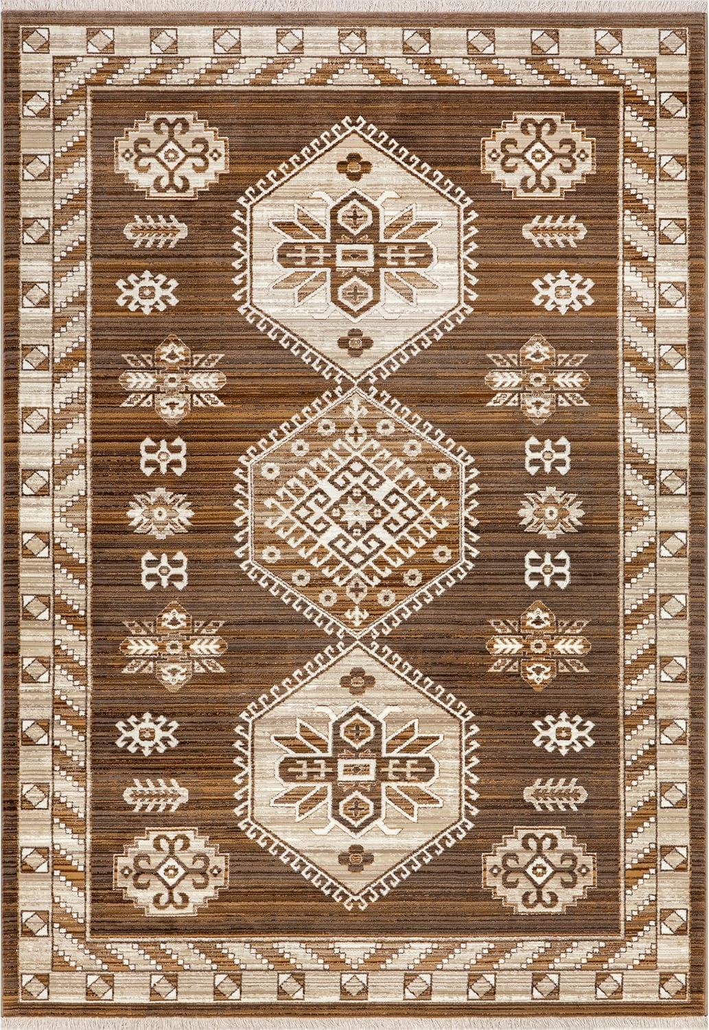 Brown and Beige 8' x 10' Synthetic Fringed Area Rug