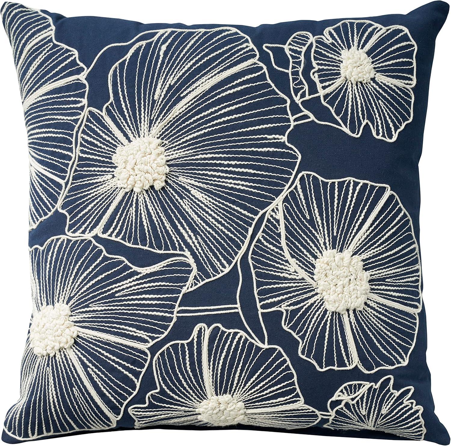 Navy Cotton Embroidered Floral 20" x 20" Throw Pillow