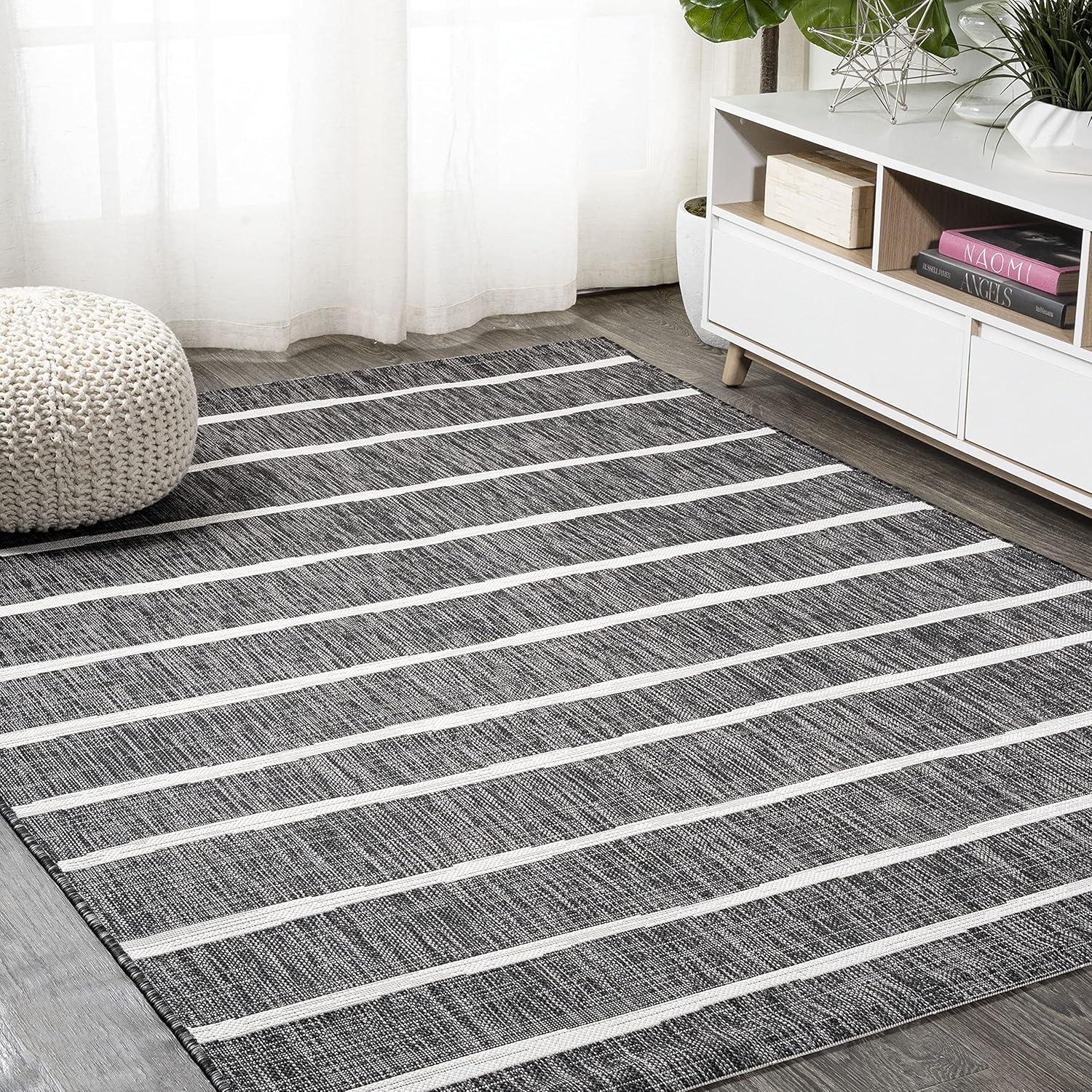3'x5' Colonia Berber Stripe Indoor/Outdoor Area Rug, Black/Ivory - JONATHAN Y