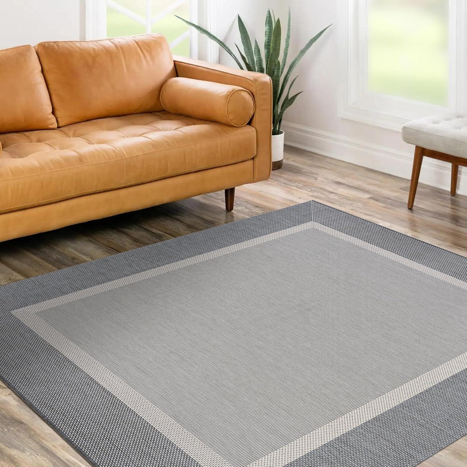 Champagne and Grey Square Synthetic Indoor/Outdoor Rug