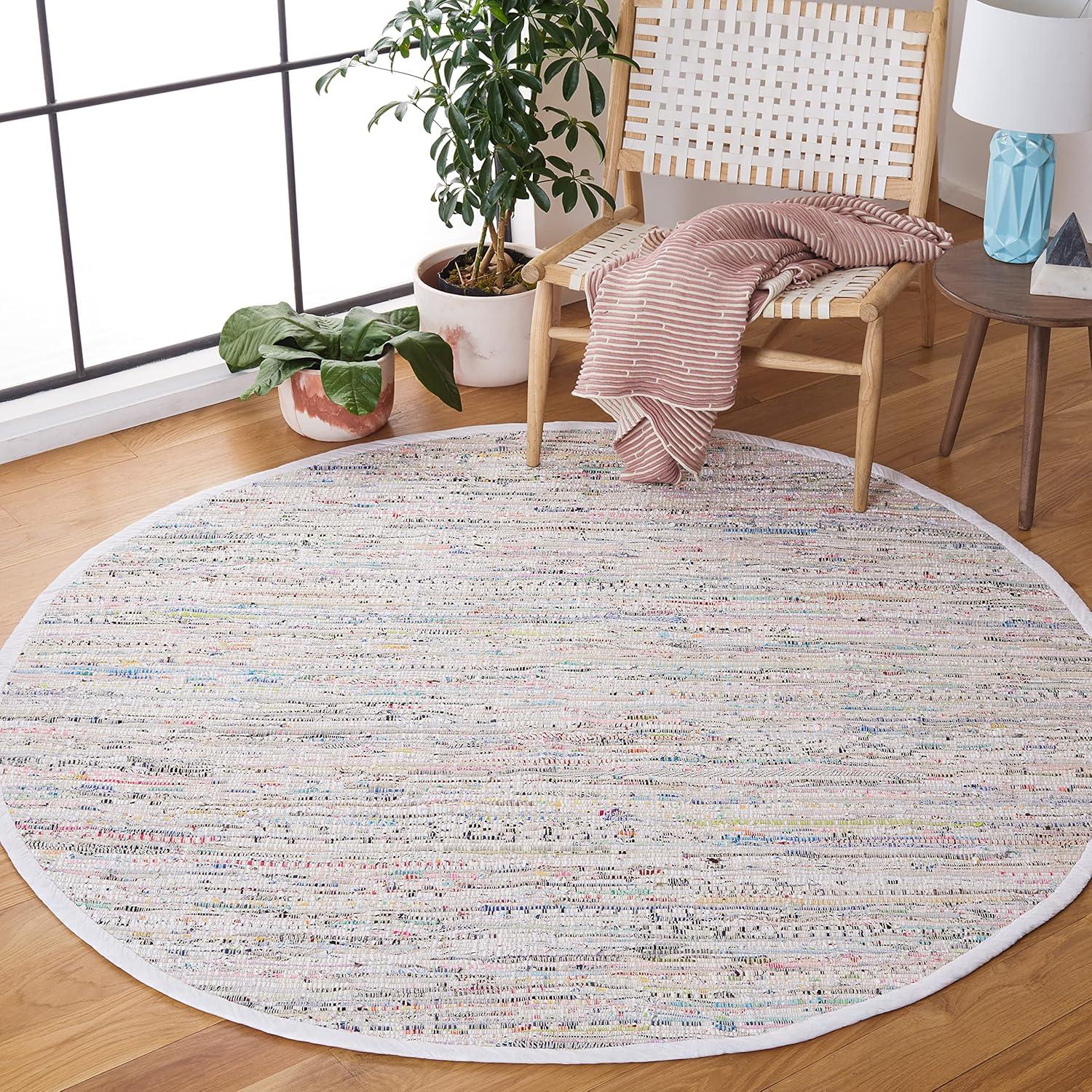 SAFAVIEH Rag Robynne Striped Cotton Area Rug, Ivory/Multi, 6' x 6' Round