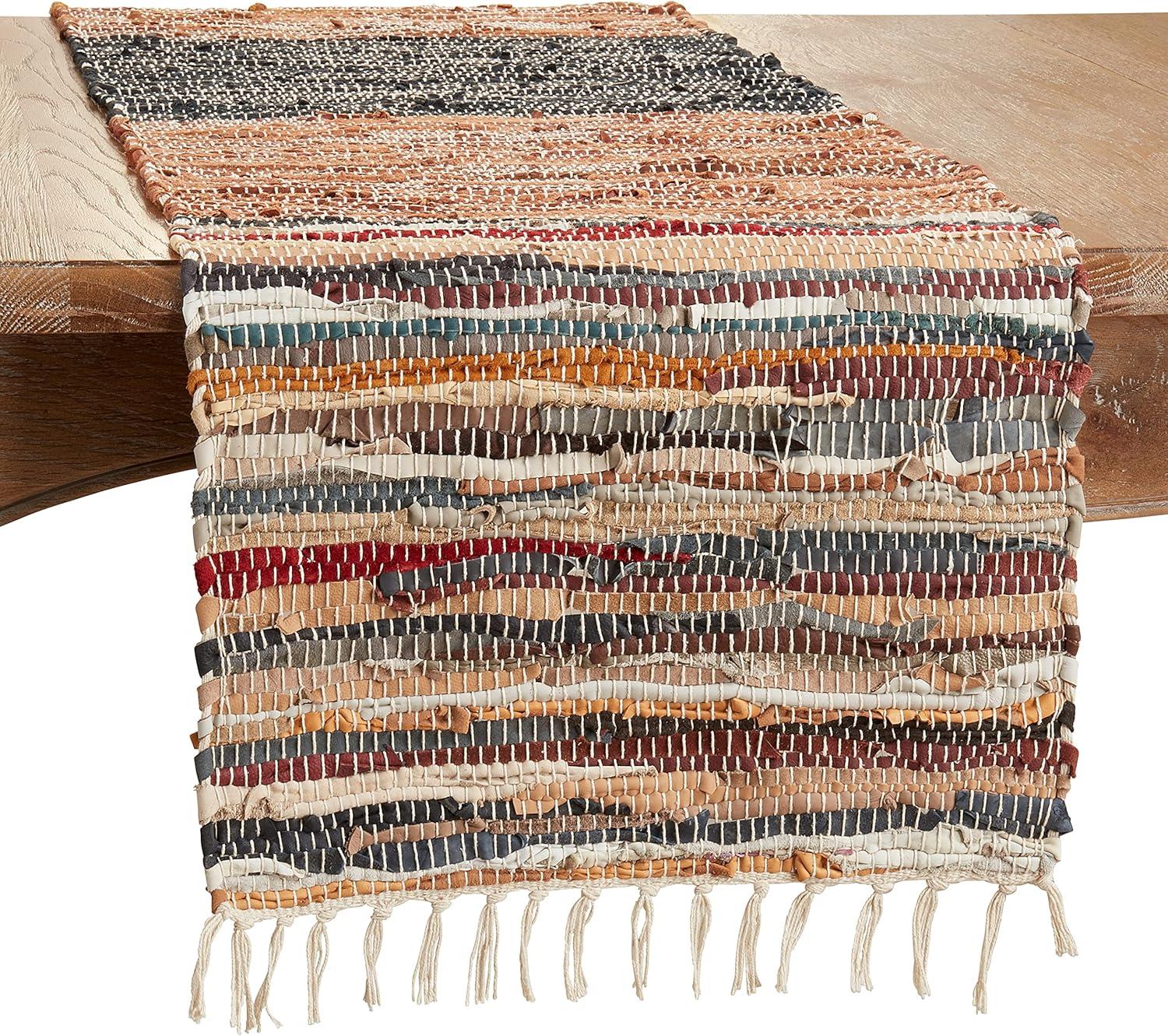 Saro Lifestyle Table Runner With Striped Chindi Multicolor Design, Multicolored, 16" x 72"