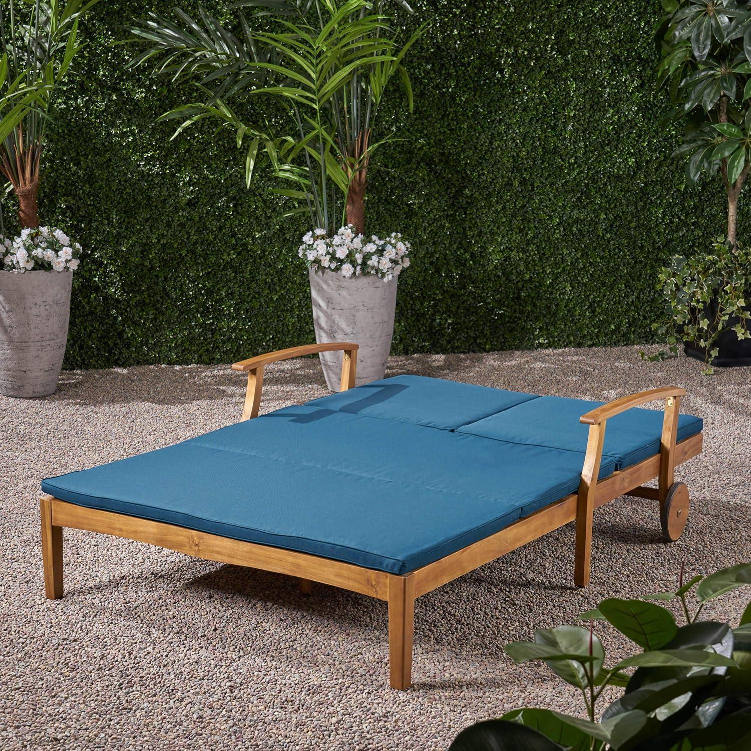 Perla Acacia Wood Double Chaise Lounge Teak/Blue - Christopher Knight Home