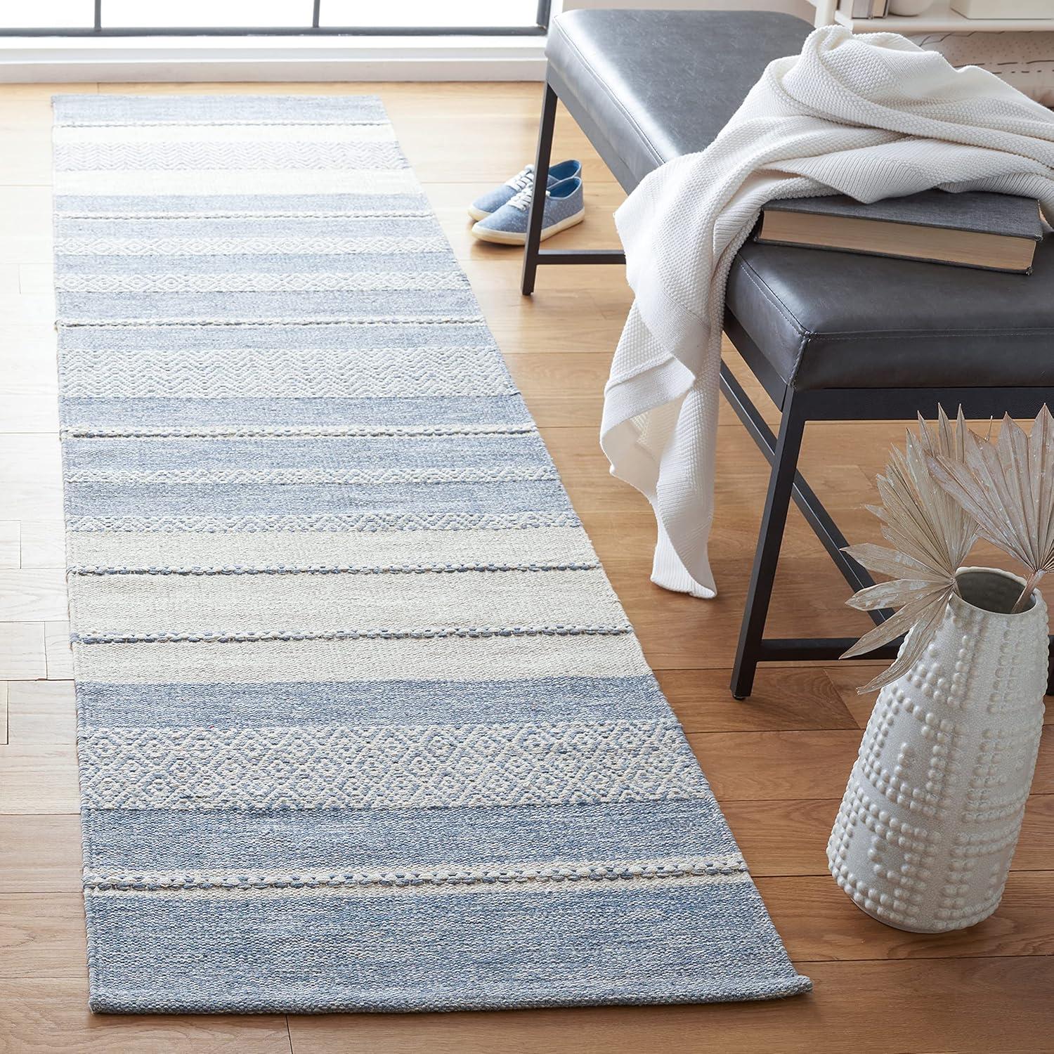 Striped Kilim STK503 Hand Woven Runner Rug - Ivory/Blue - 2'3"x9' - Safavieh.
