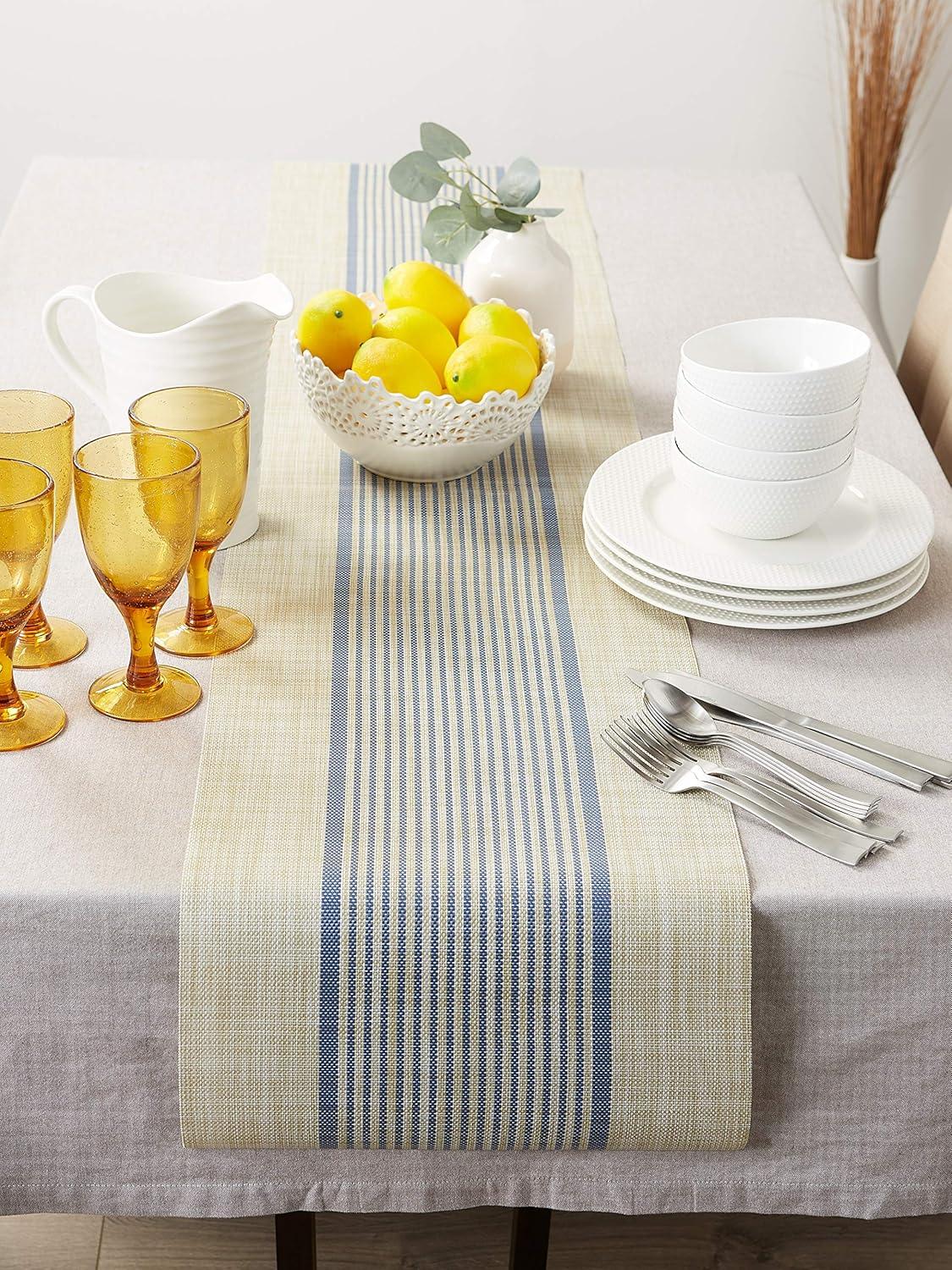 DII 14x72" Modern Fabric Middle Stripe Woven Table Runner in Beige/French Blue