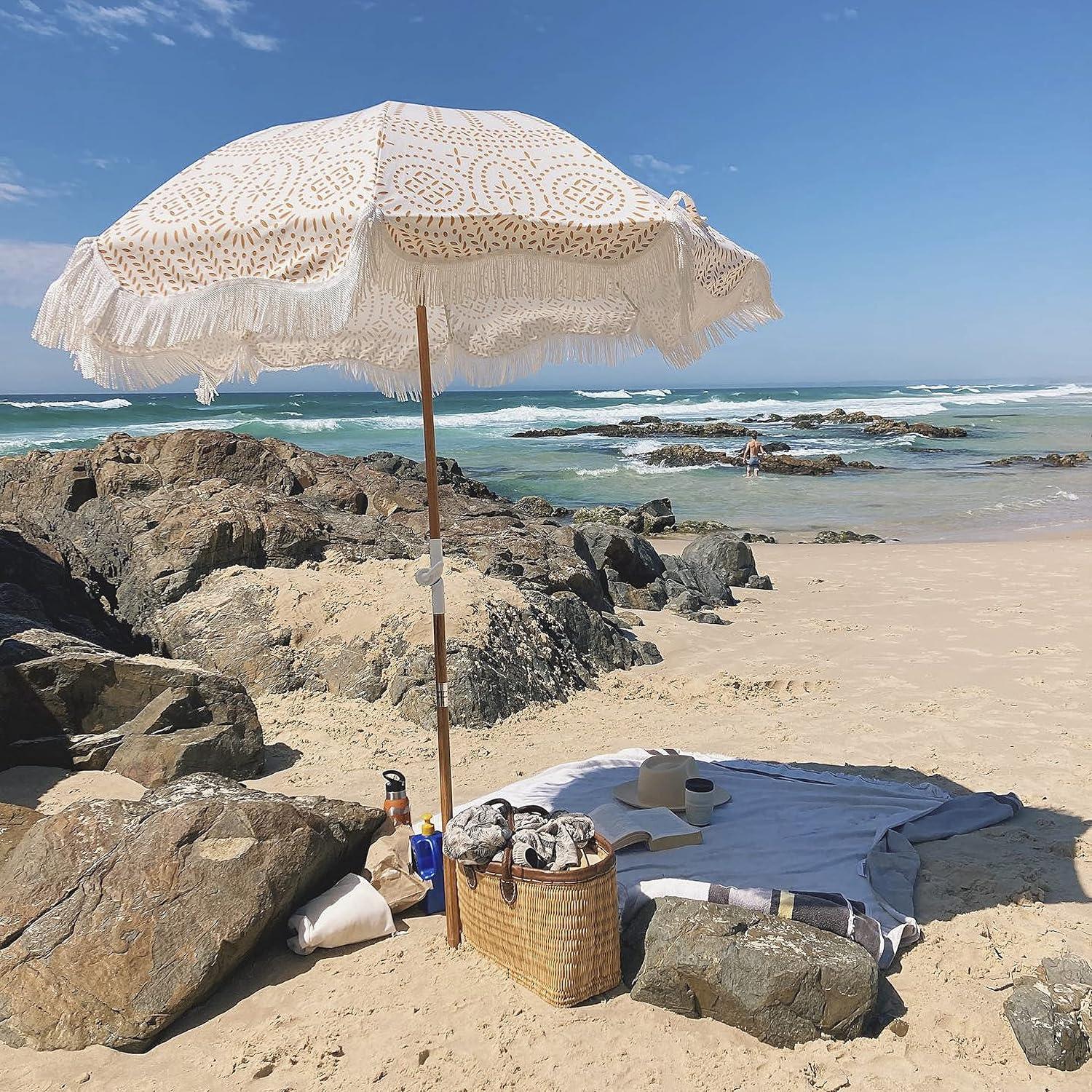 Beige Boho-Chic Aluminum Beach Umbrella with Fringe