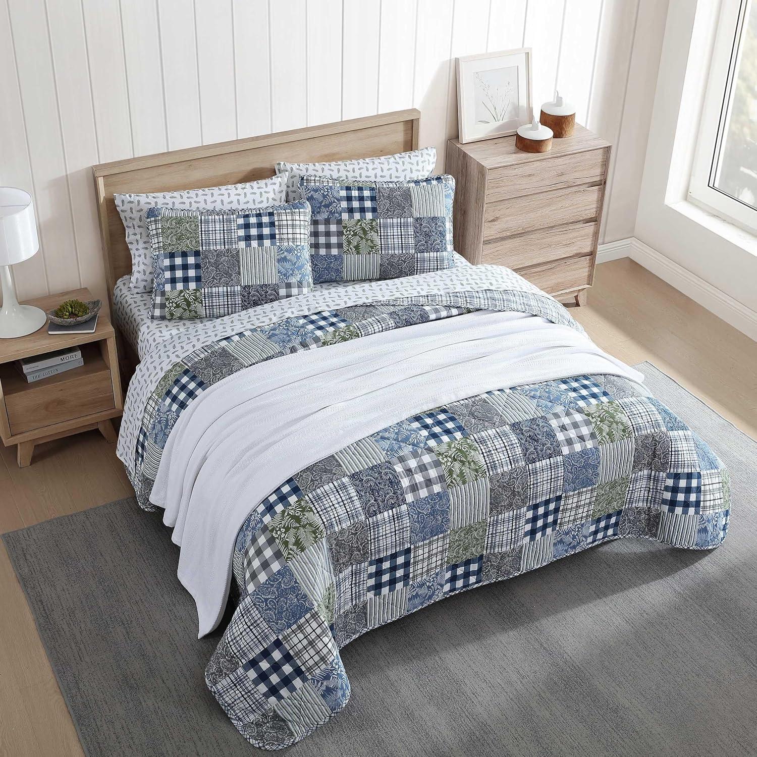 Eddie Bauer Cozy Plaid Patchwork 100% Cotton Quilt Set Blue