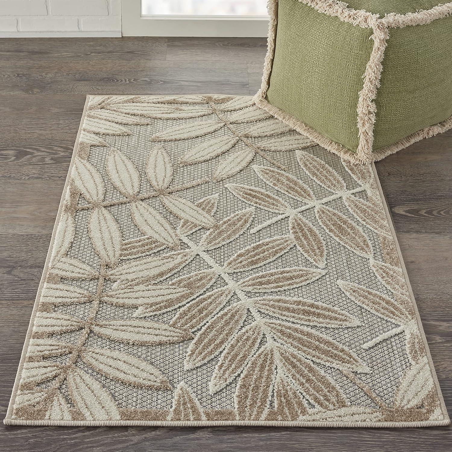 Aloha Natural & Ivory Leaf Design 32" x 4" Outdoor Area Rug