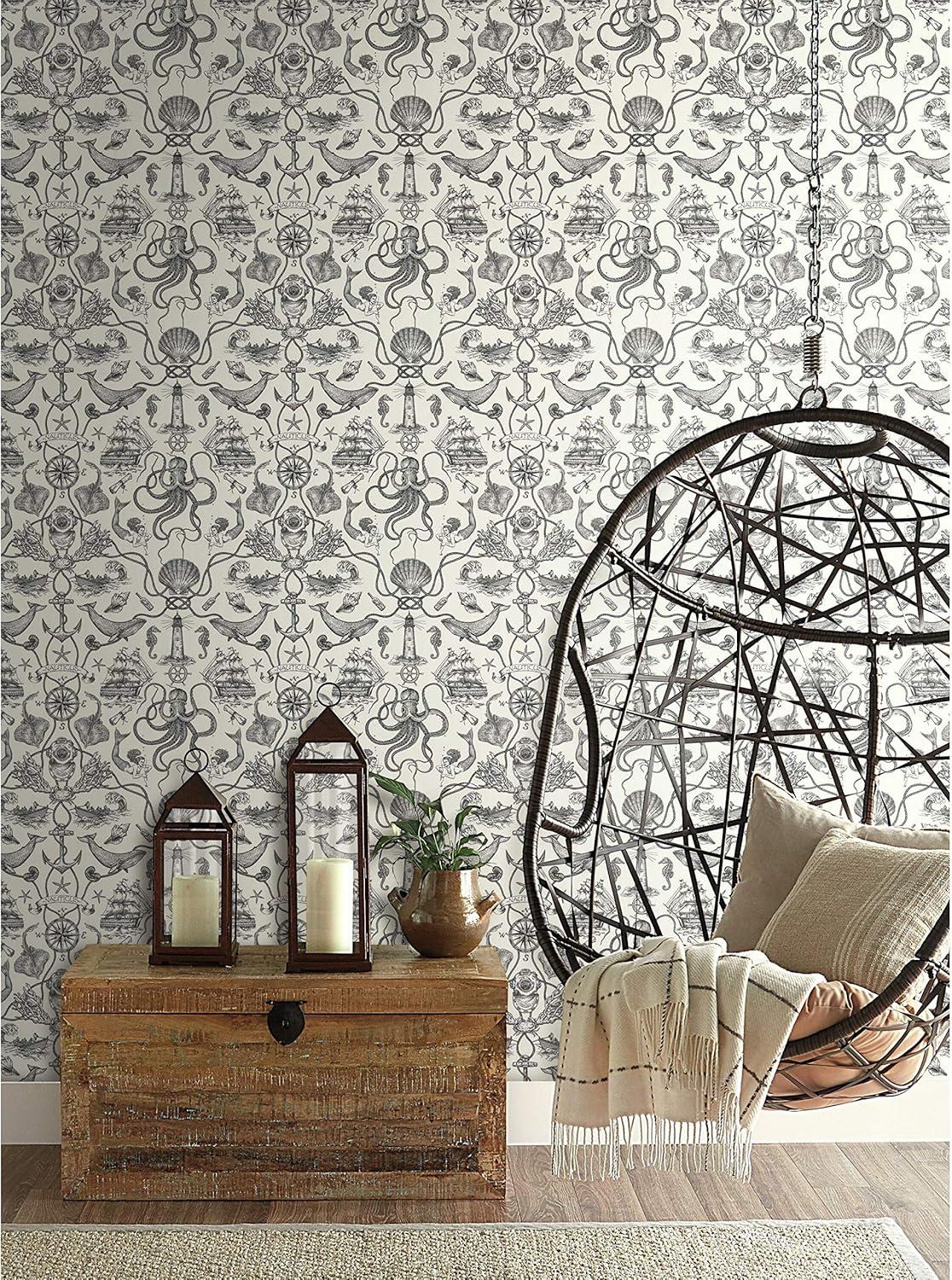 RoomMates Deep Sea Toile Blue Peel and Stick Wallpaper: Nautical Vinyl, Mermaid & Seahorses, Self-Adhesive, 28.18 Sq Ft Coverage