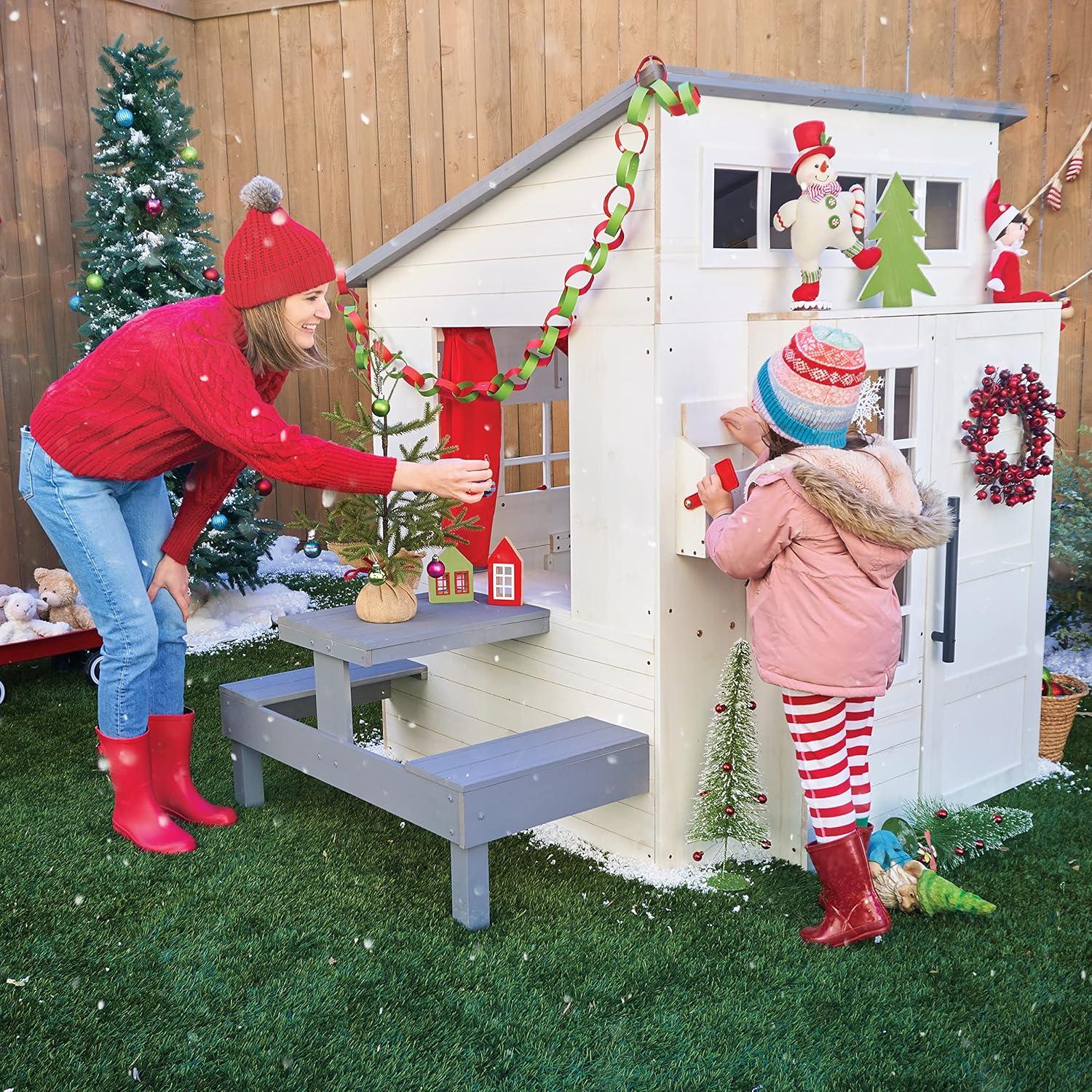 KidKraft Modern Outdoor Wooden Playhouse with Picnic Table, Mailbox & Outdoor Grill, White