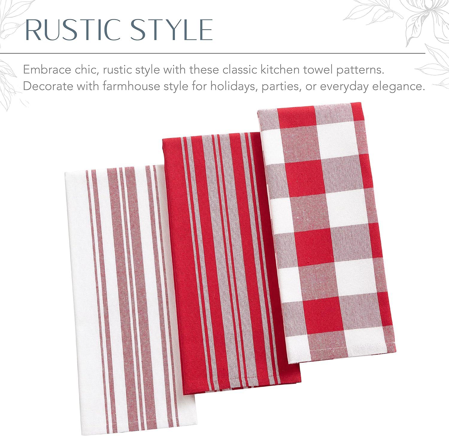 Farmhouse Living Stripe and Check Kitchen Towels, Set of 3 - 17" x 28" - Red/White - Elrene Home Fashions