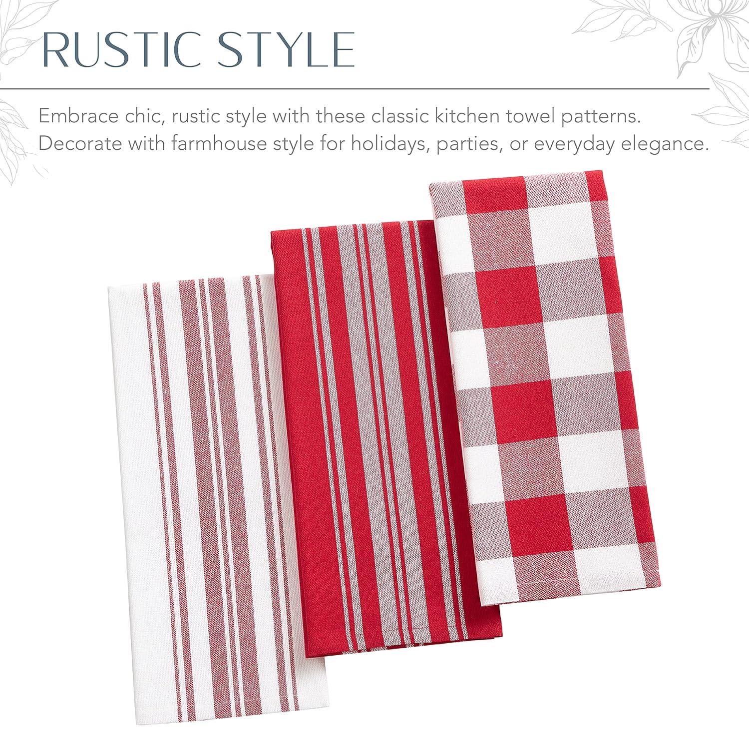 Farmhouse Living Stripe and Check Kitchen Towels, Set of 3 - 17" x 28" - Red/White - Elrene Home Fashions