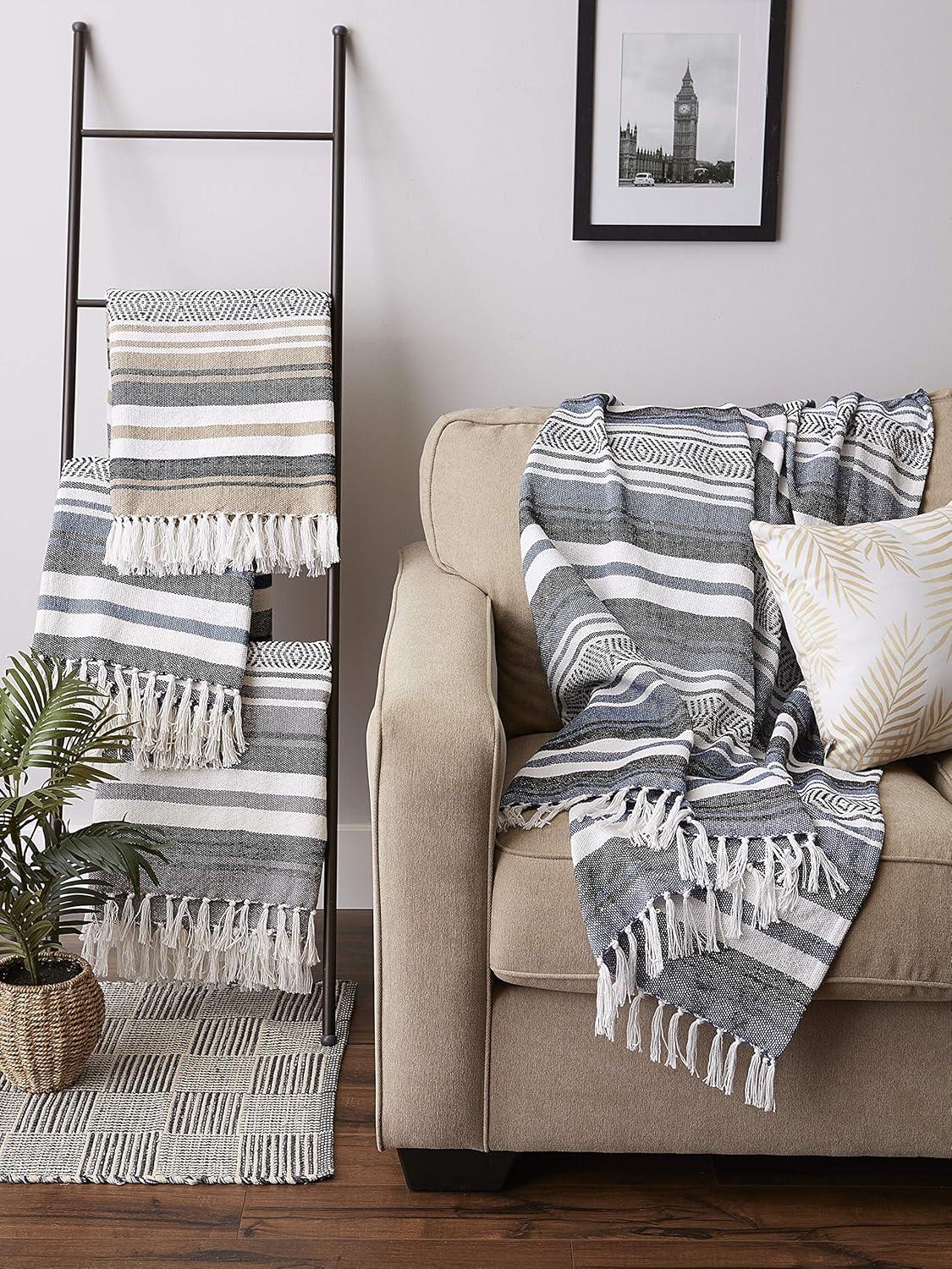 50"x60" Farmhouse Striped Throw Blanket Blue - Design Imports: Cozy Cotton, Machine Washable