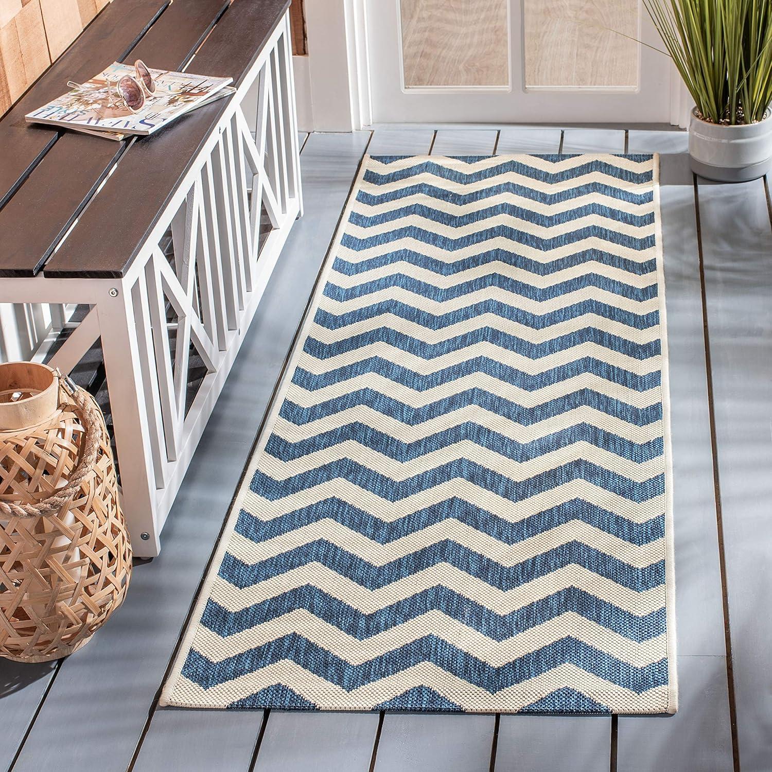 Safavieh Courtyard Bailey Chevron Indoor/Outdoor Runner Rug, 2'3" x 14', Navy/Beige