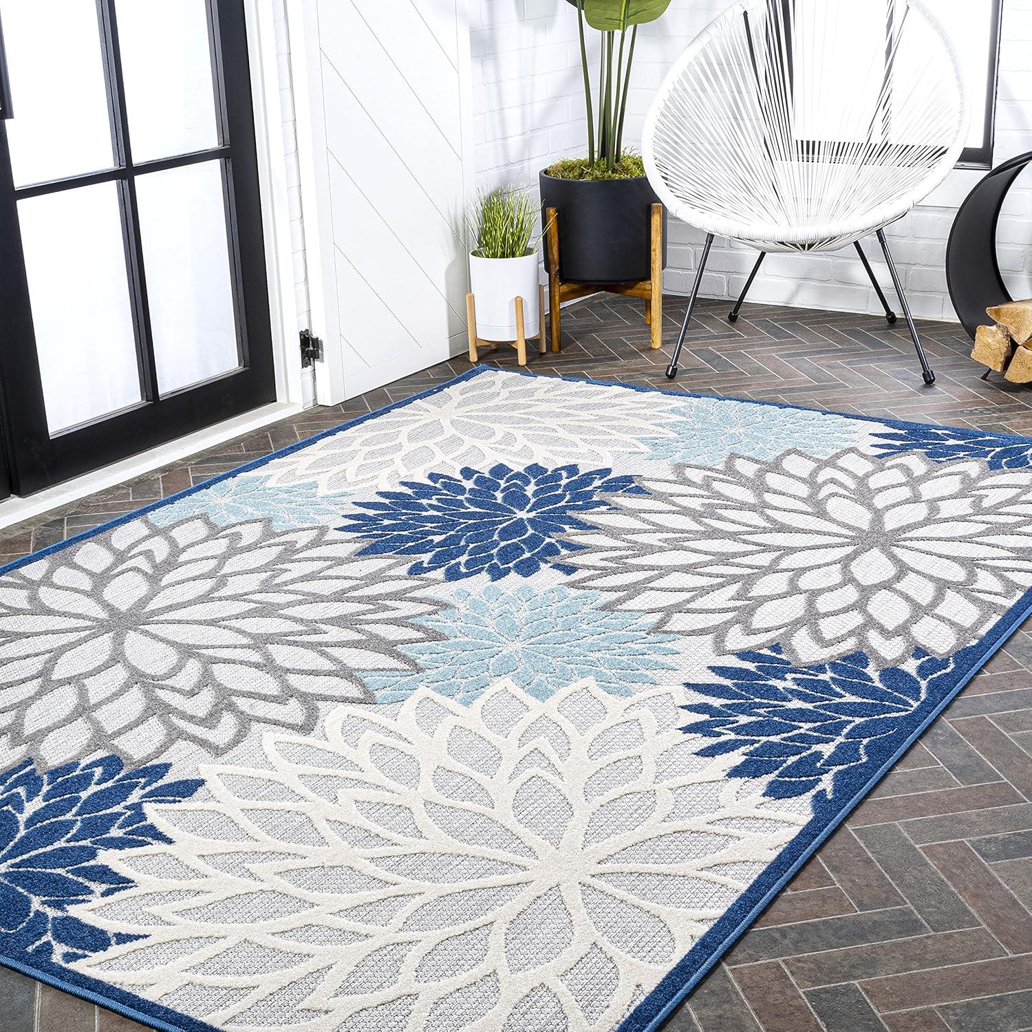 4'x6' Minori Floral Indoor/Outdoor Area Rug, Blue/Gray - JONATHAN Y